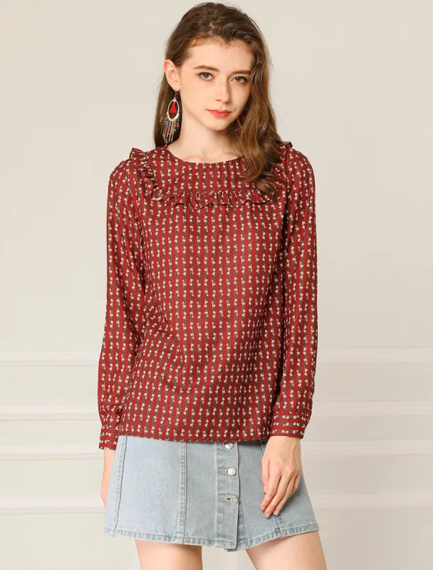 Ruffled Front Floral Long Sleeve Round Neck Blouse Top sold by Allegra K