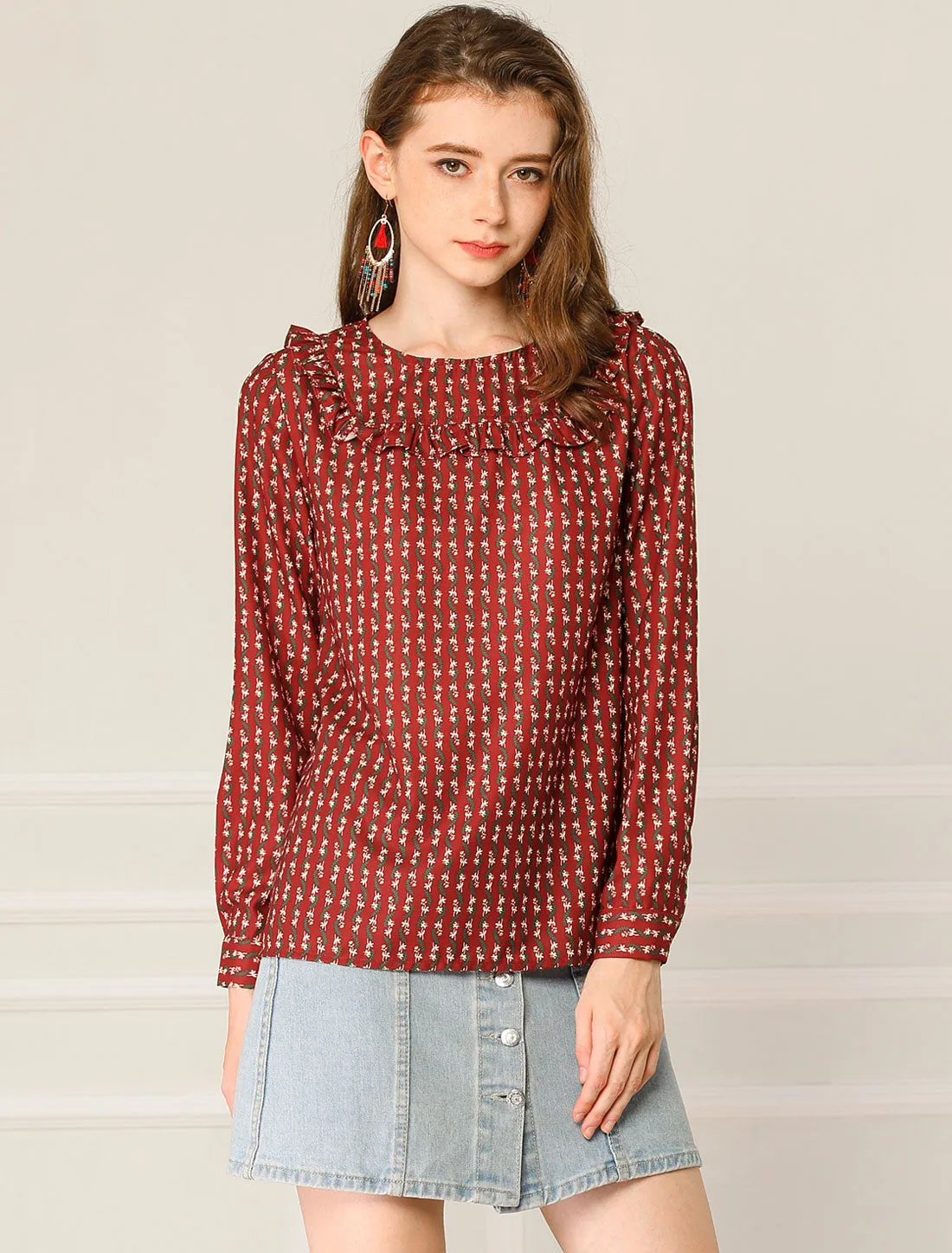 Ruffled Front Floral Long Sleeve Round Neck Blouse Top sold by Allegra K