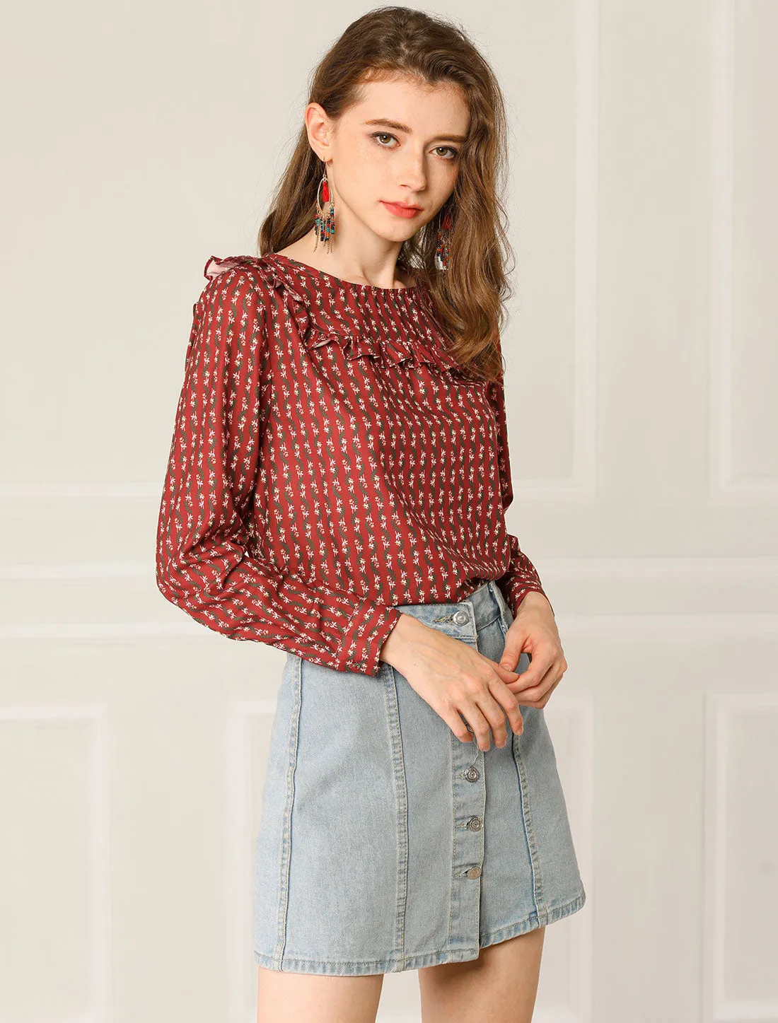 Ruffled Front Floral Long Sleeve Round Neck Blouse Top sold by Allegra K product image thumbnail 4