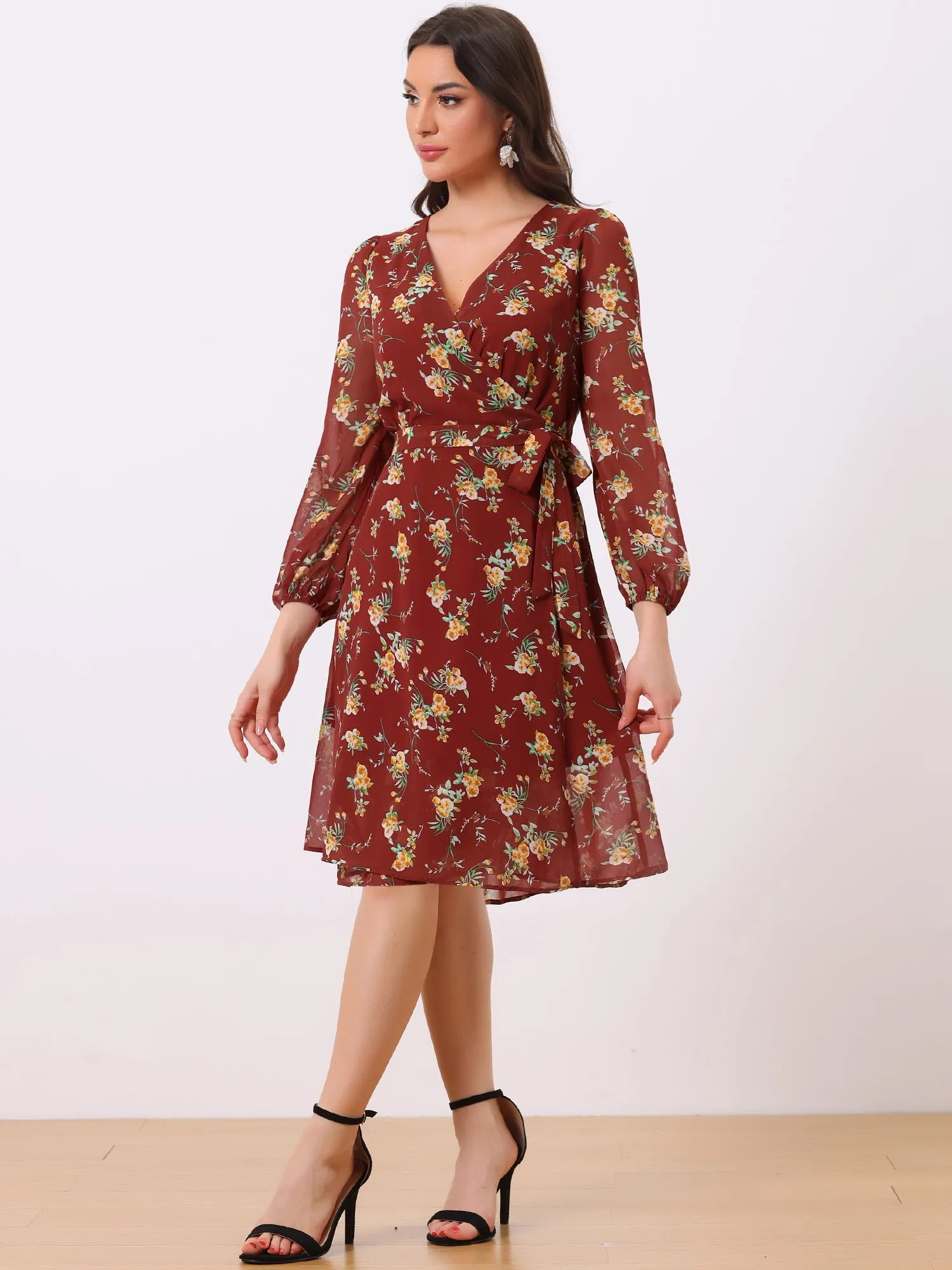 Chiffon Floral V Neck Tie Waist Bishop Sleeve Casual Wrap Midi Dress sold by Allegra K product image thumbnail 2
