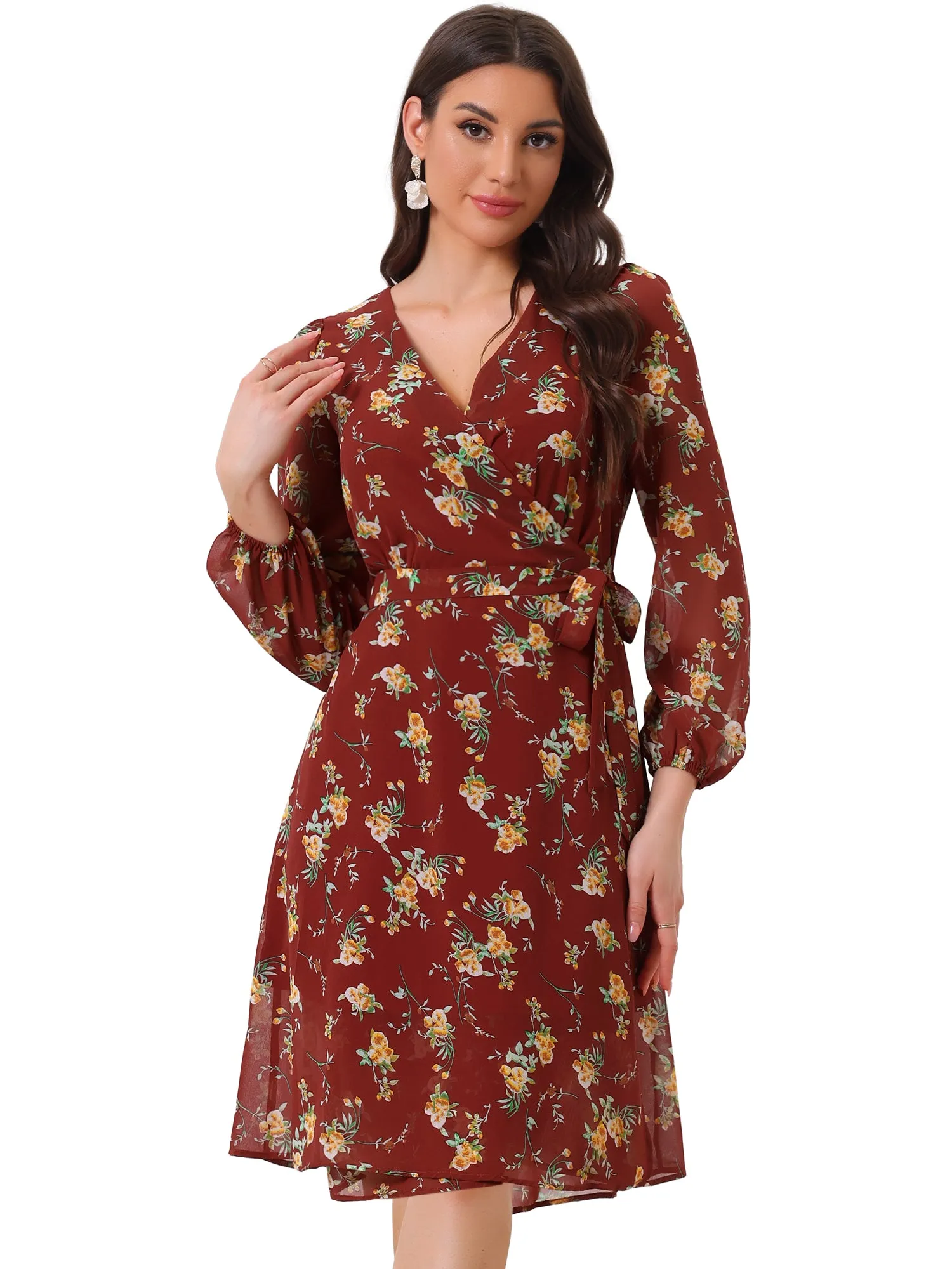 Chiffon Floral V Neck Tie Waist Bishop Sleeve Casual Wrap Midi Dress sold by Allegra K product image thumbnail 4