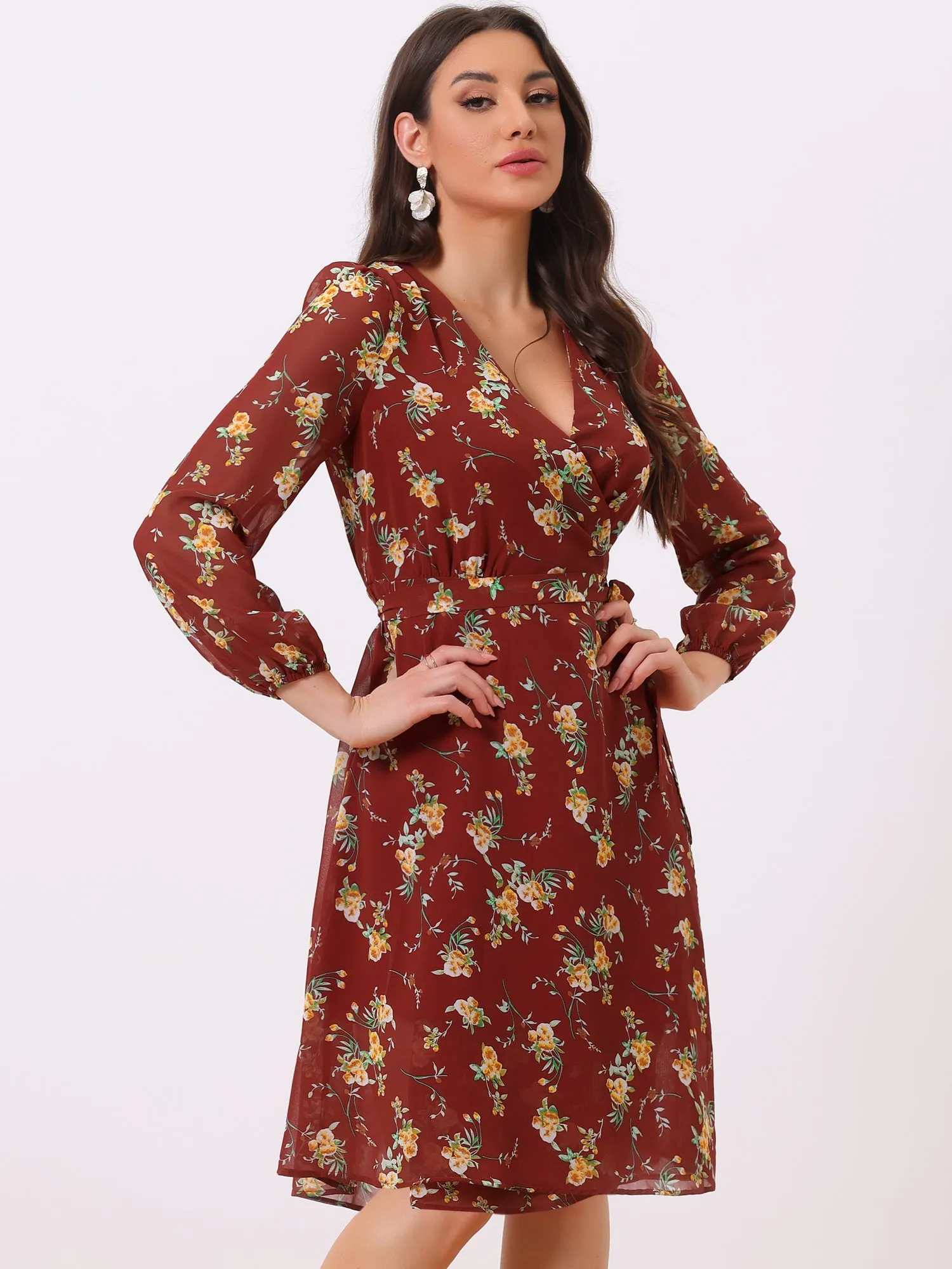 Chiffon Floral V Neck Tie Waist Bishop Sleeve Casual Wrap Midi Dress sold by Allegra K