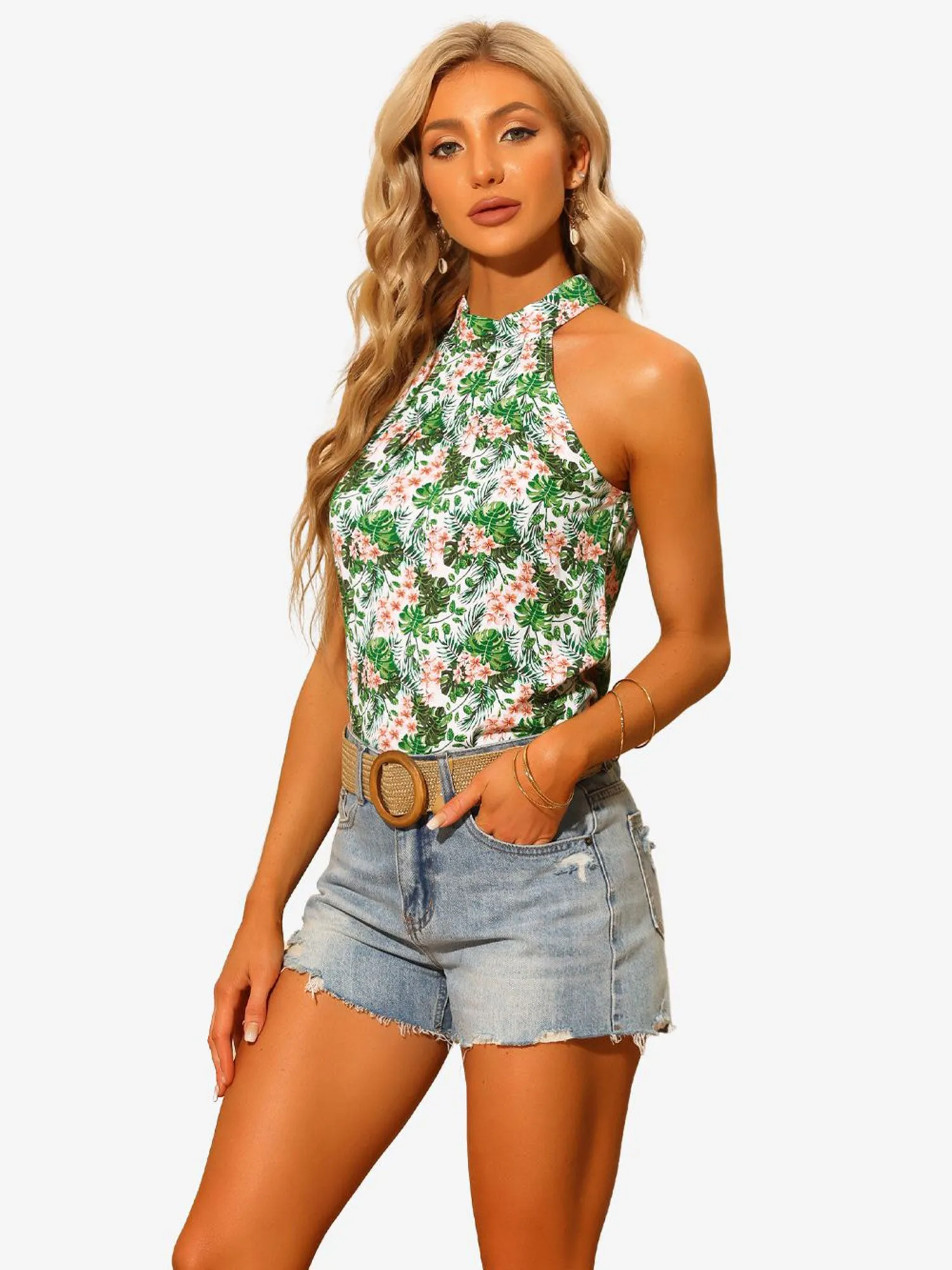Tropical Floral Top Sleeveless Beach Halter Neck Blouse sold by Allegra K
