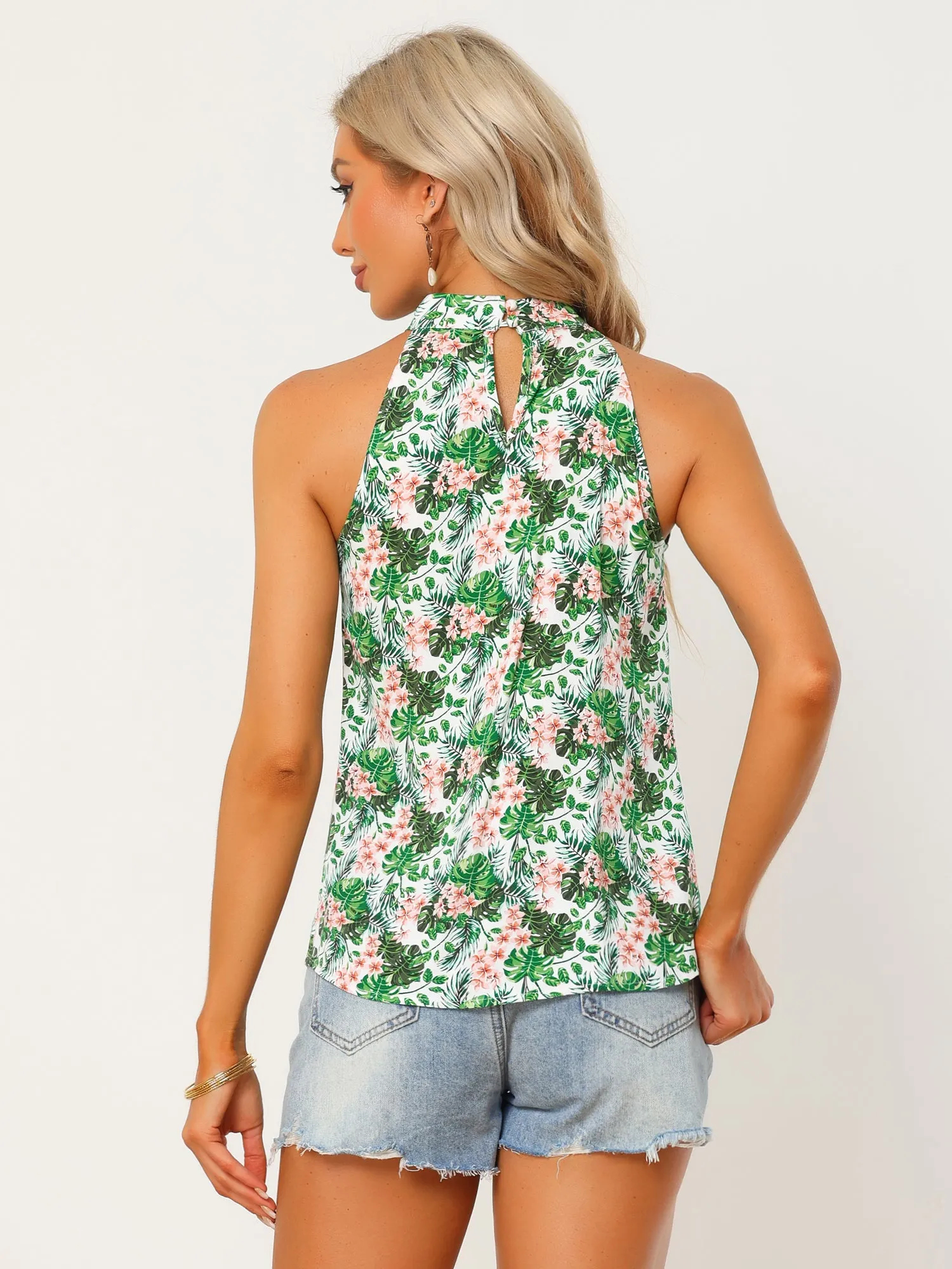 Tropical Floral Top Sleeveless Beach Halter Neck Blouse sold by Allegra K product image thumbnail 4