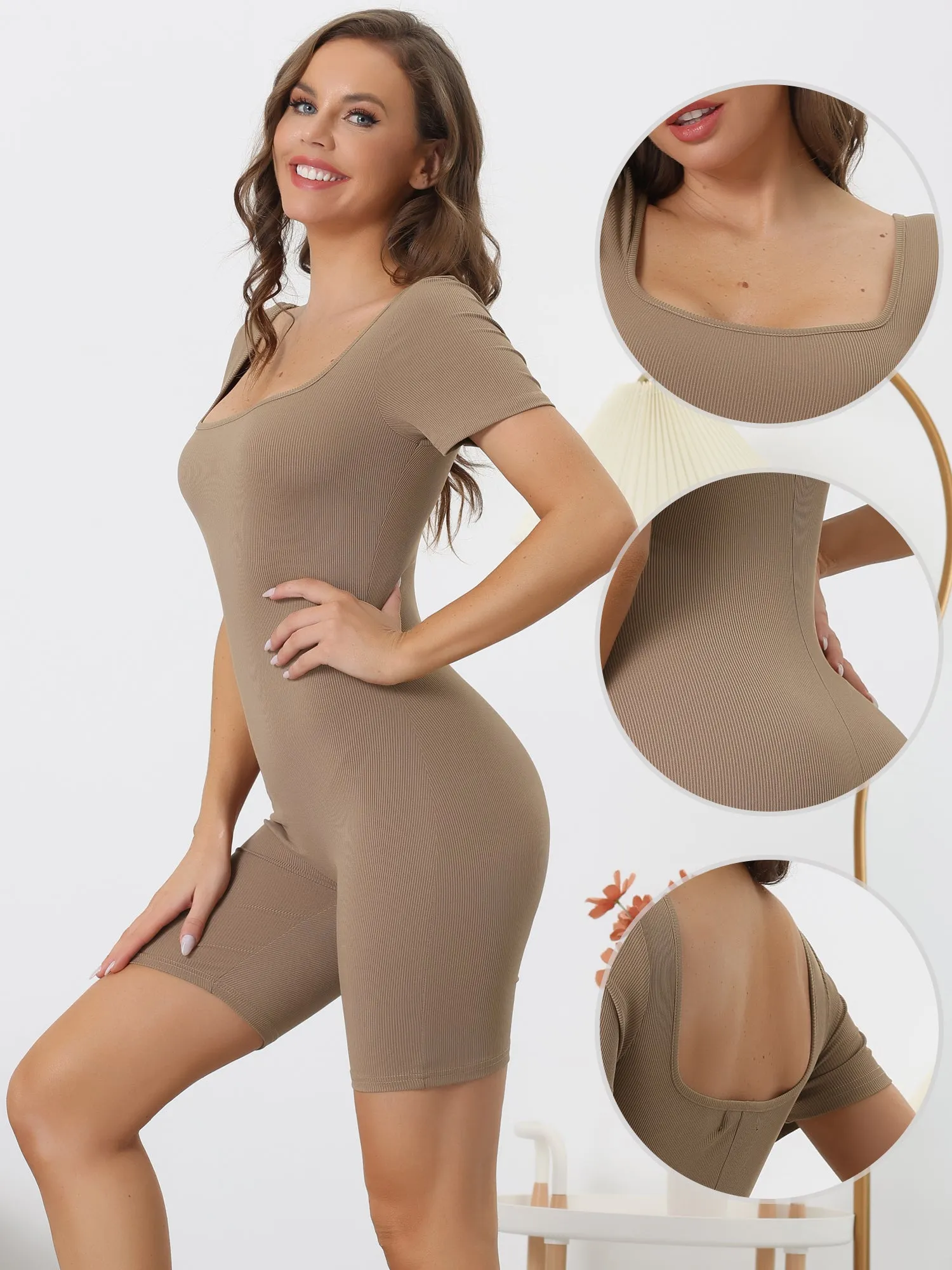 Ribbed Square Neck Short Sleeves Stretchy Shorts Jumpsuit Unitard sold by Allegra K product image thumbnail 2