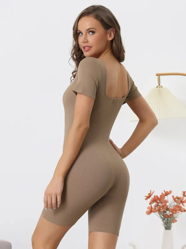 Ribbed Square Neck Short Sleeves Stretchy Shorts Jumpsuit Unitard sold by Allegra K