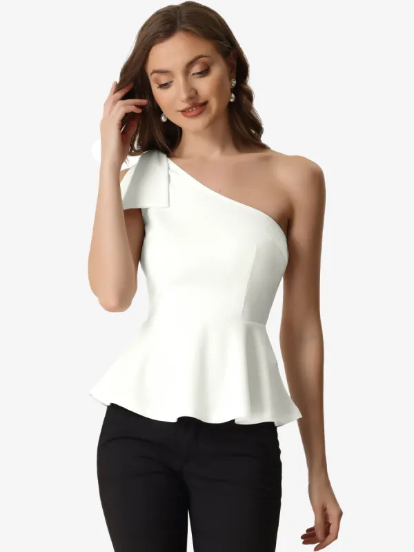 Elegant Peplum Bow Ruffled Hem One Shoulder Top sold by Allegra K