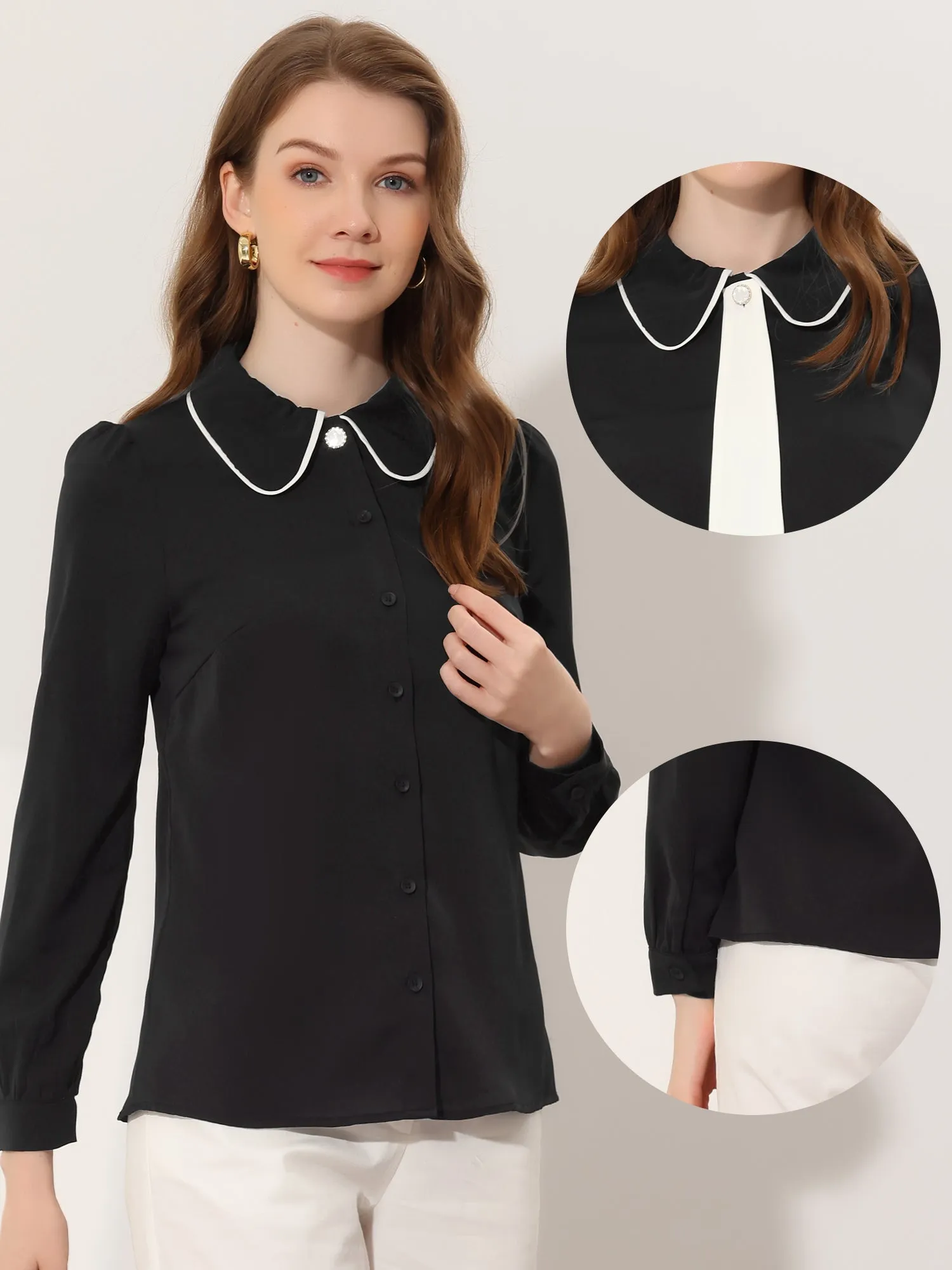 Work Office Shirt Long Sleeve Button Up Peter Pan Collar Blouse sold by Allegra K product image thumbnail 2
