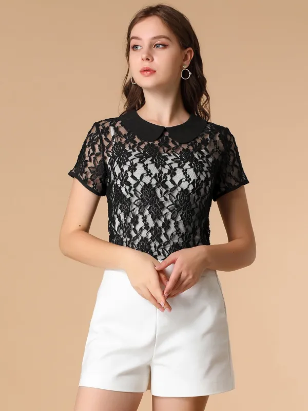Contrast Peter Pan Collar Blouse Short Sleeve Sheer Lace Top sold by Allegra K