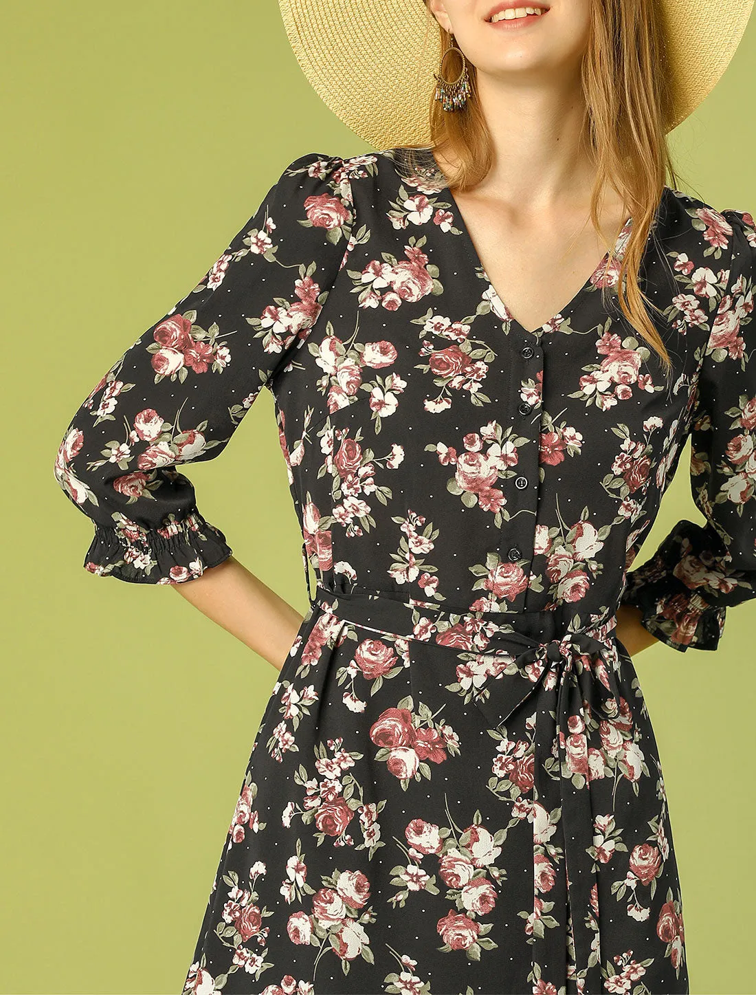 Boho Beach Floral Print V Neck Belted 3/4 Sleeve Vacation Short Dress sold by Allegra K product image thumbnail 4