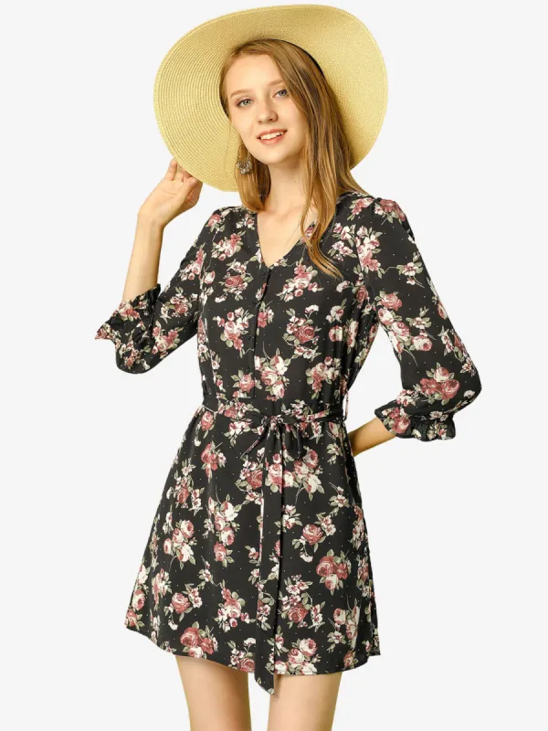 Boho Beach Floral Print V Neck Belted 3/4 Sleeve Vacation Short Dress sold by Allegra K