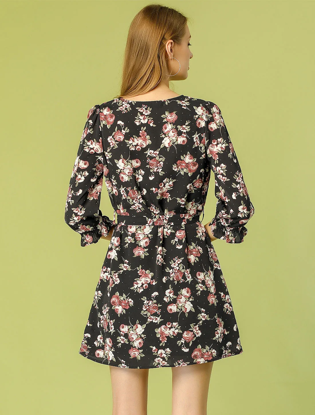 Boho Beach Floral Print V Neck Belted 3/4 Sleeve Vacation Short Dress sold by Allegra K product image thumbnail 5