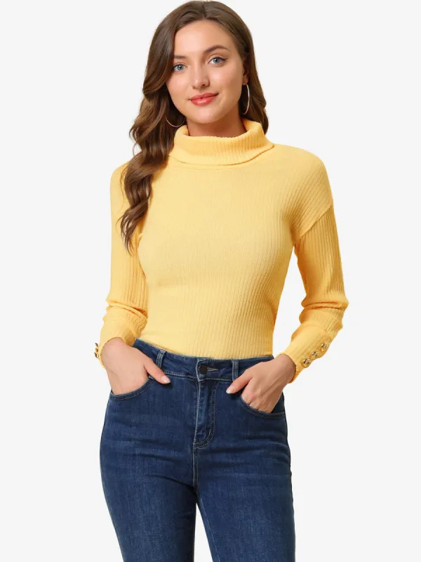 Casual Pullover Tops Button Decor Long Sleeve Turtleneck Sweater sold by Allegra K