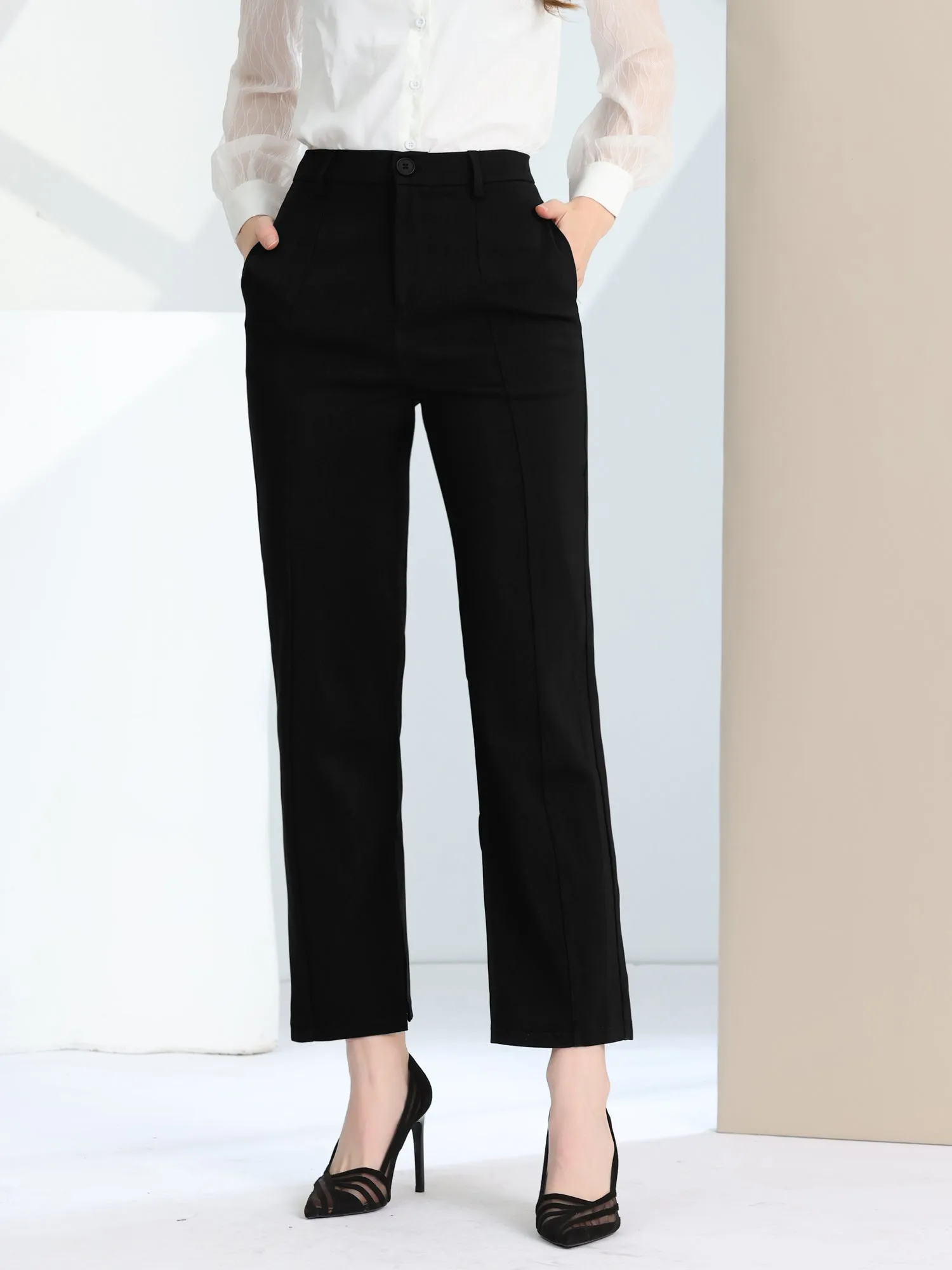 High Waist Straight Leg Trousers Slit Hem Stretch Work Pants sold by Allegra K product image thumbnail 2