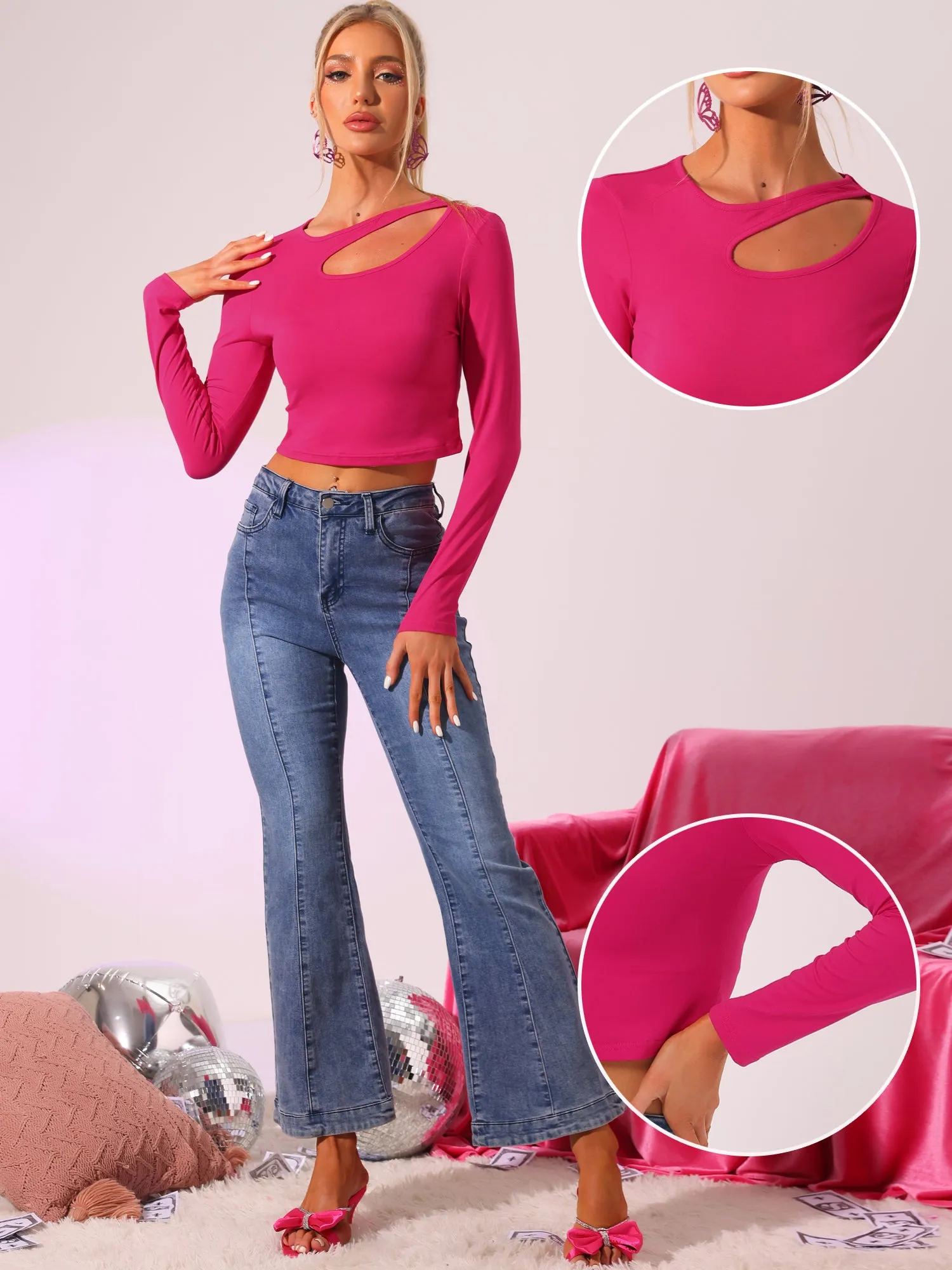 Long Sleeve Casual Cut Out Slim Fitted Basic Crop Tee Tops sold by Allegra K product image thumbnail 2