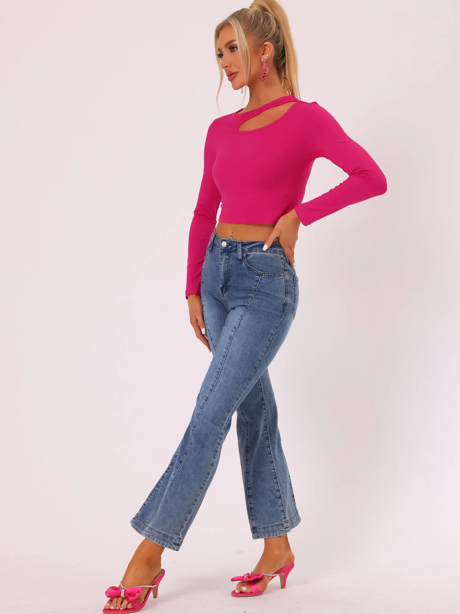 Long Sleeve Casual Cut Out Slim Fitted Basic Crop Tee Tops sold by Allegra K product image thumbnail 4