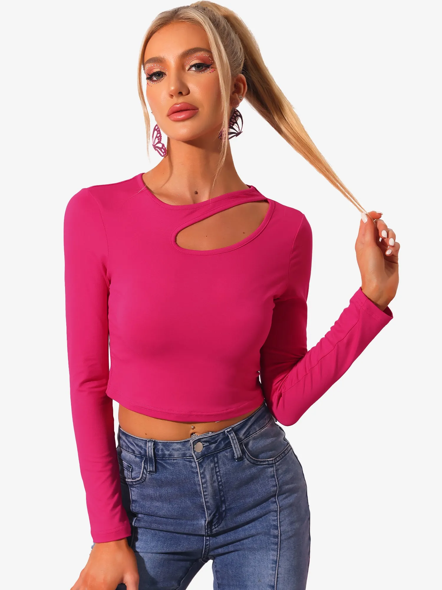 Long Sleeve Casual Cut Out Slim Fitted Basic Crop Tee Tops sold by Allegra K