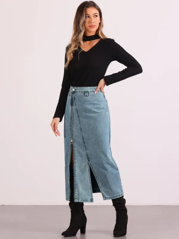 Pocketed Denim Zipper Front Split Maxi Jean Skirt sold by Allegra K