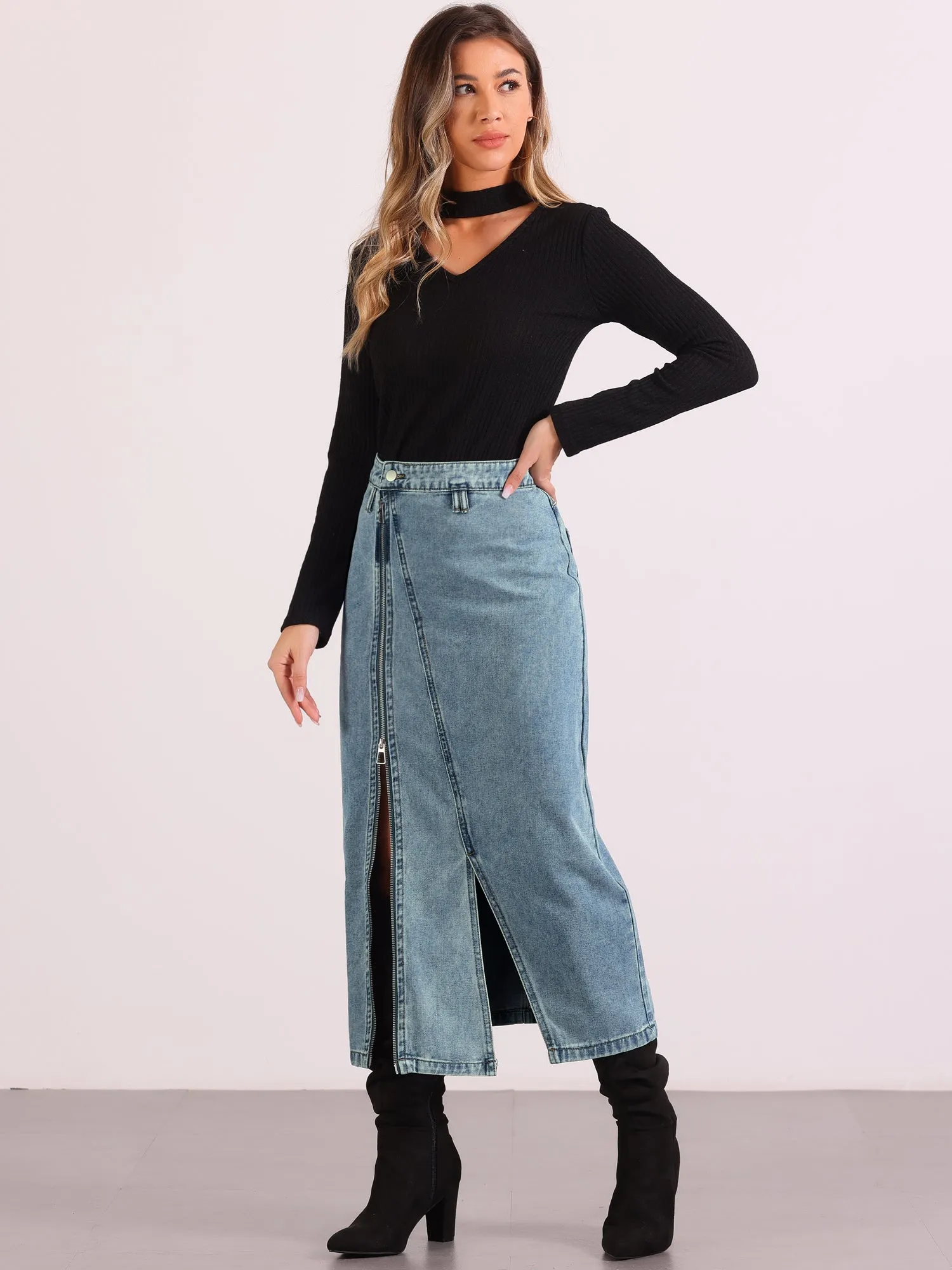 Pocketed Denim Zipper Front Split Maxi Jean Skirt sold by Allegra K