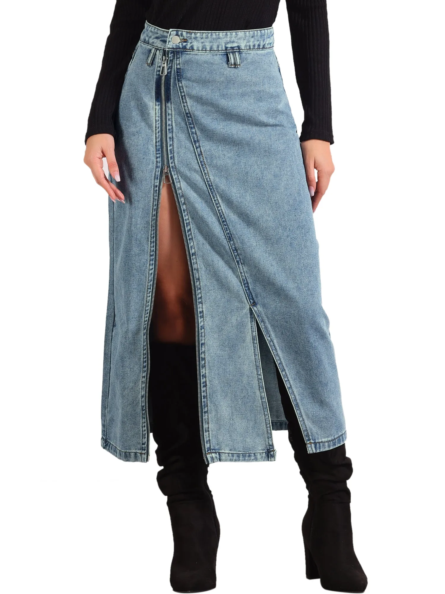 Pocketed Denim Zipper Front Split Maxi Jean Skirt sold by Allegra K product image thumbnail 5