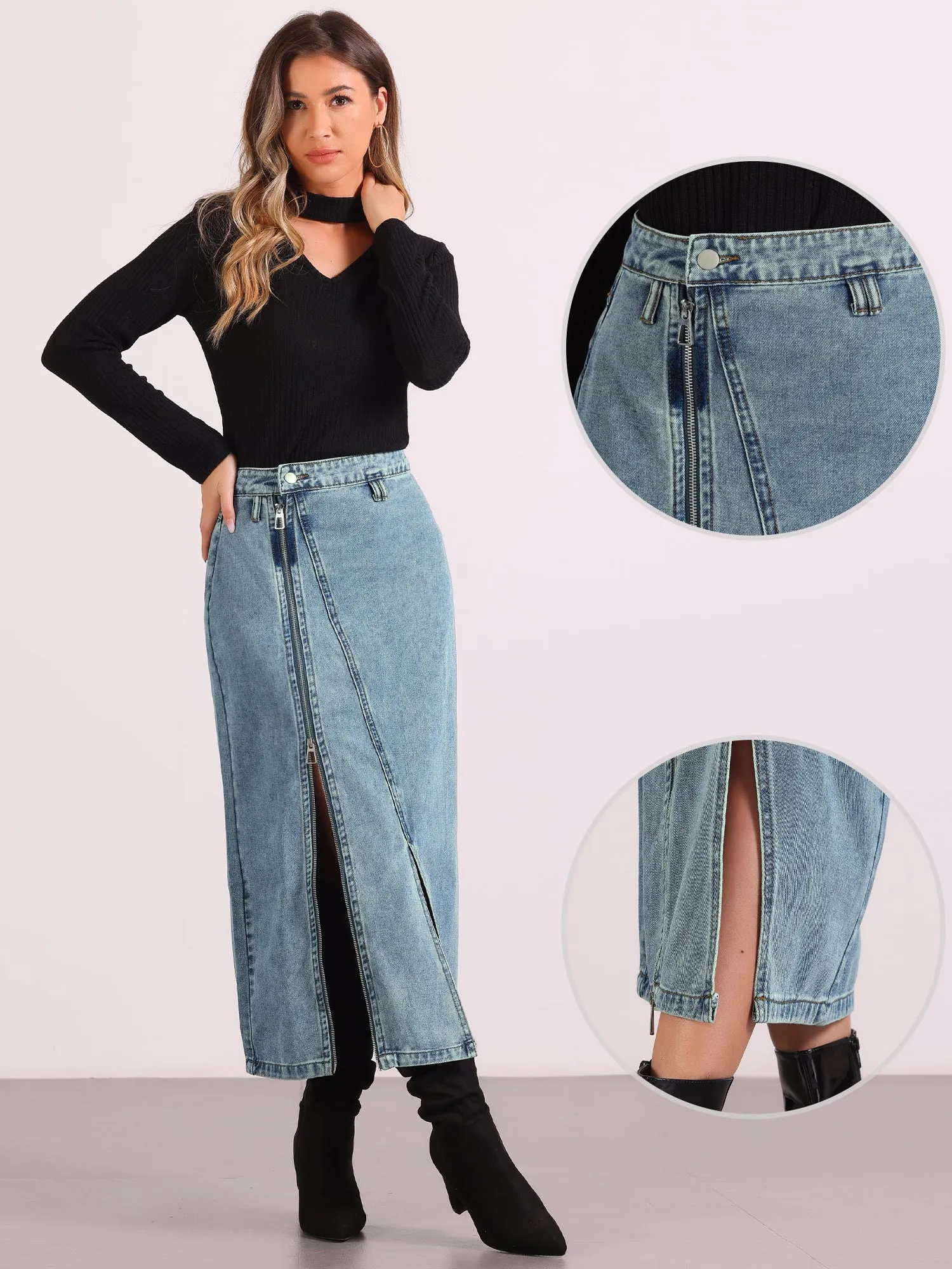 Pocketed Denim Zipper Front Split Maxi Jean Skirt sold by Allegra K product image thumbnail 2