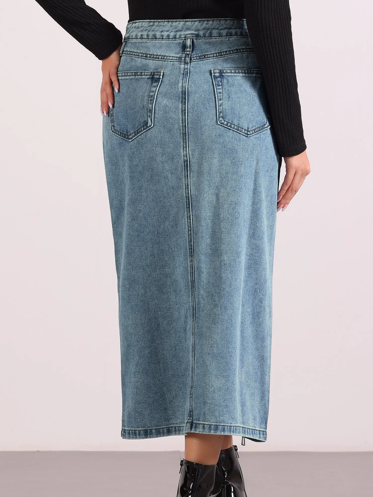 Pocketed Denim Zipper Front Split Maxi Jean Skirt sold by Allegra K product image thumbnail 3
