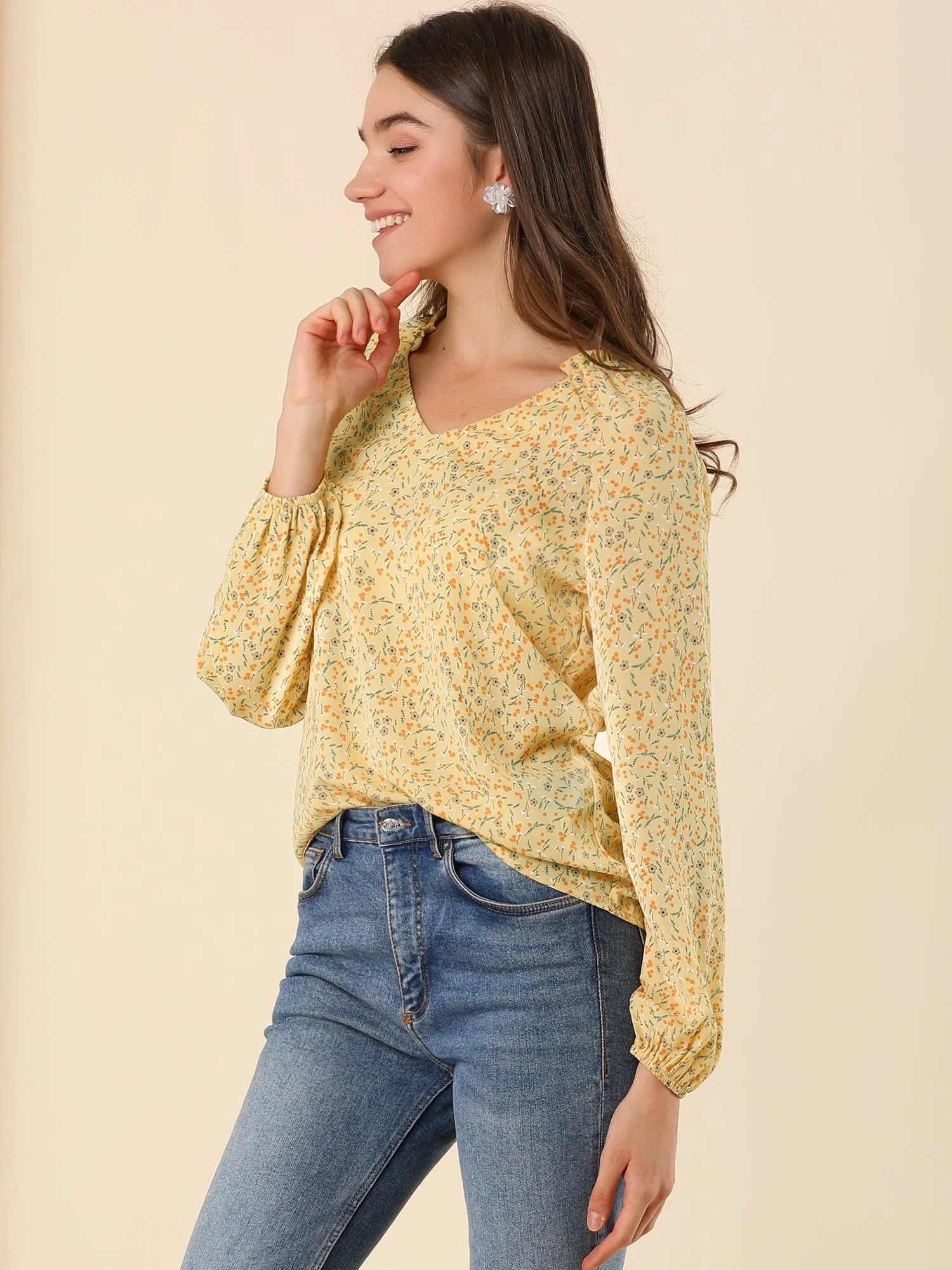 Frill Ruffle Neck Long Sleeve Ditsy Floral Blouse Top sold by Allegra K product image thumbnail 4