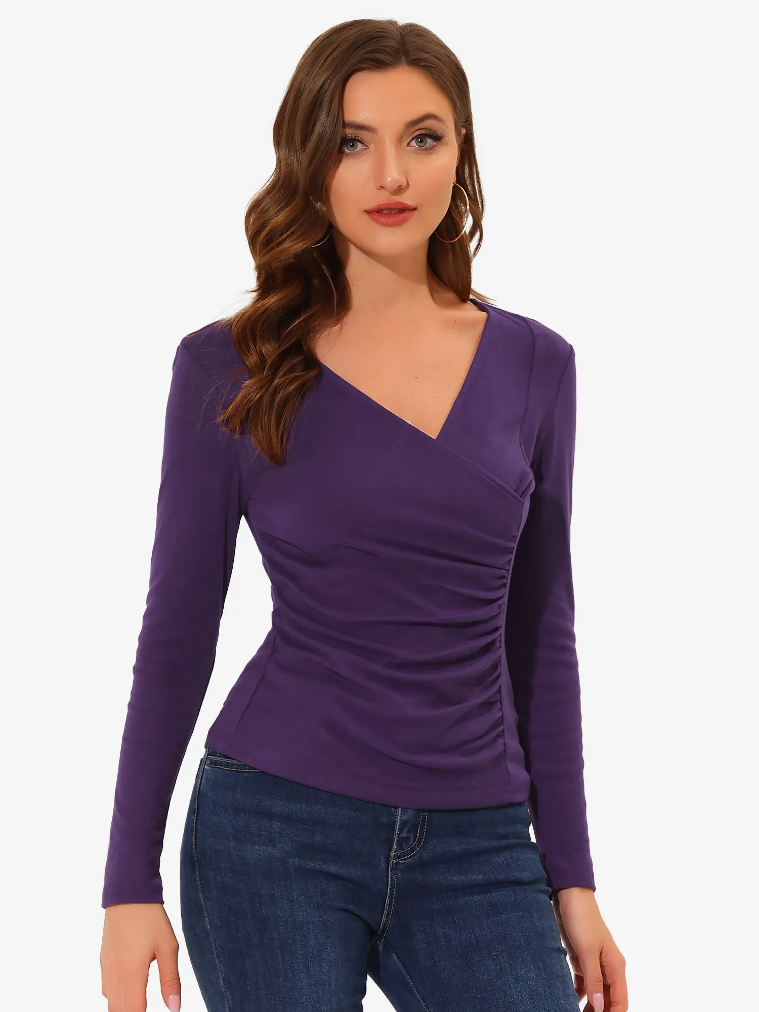 Long Sleeve Blouse Slim Fit Ruched Wrap Tops sold by Allegra K