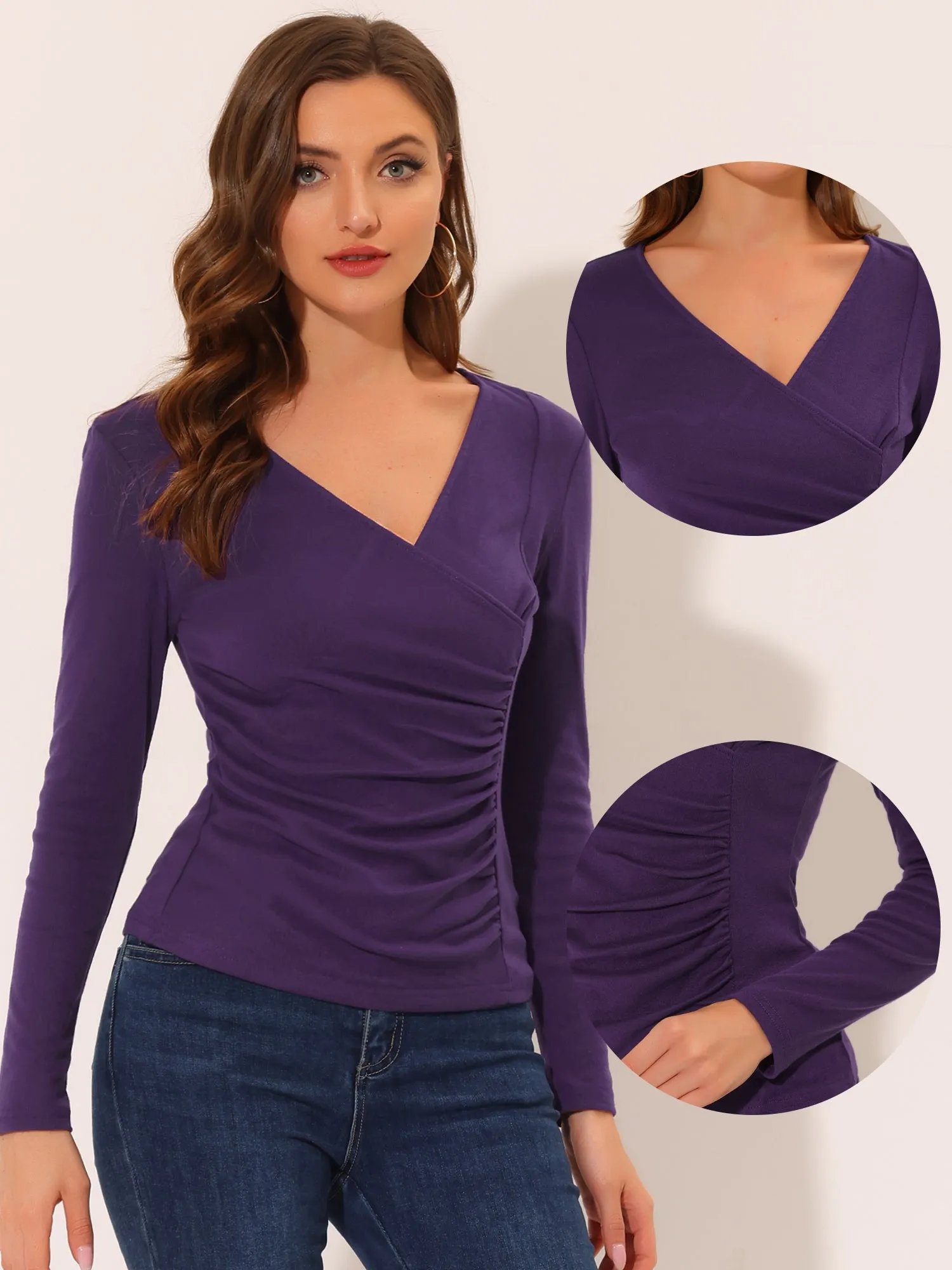 Long Sleeve Blouse Slim Fit Ruched Wrap Tops sold by Allegra K product image thumbnail 2