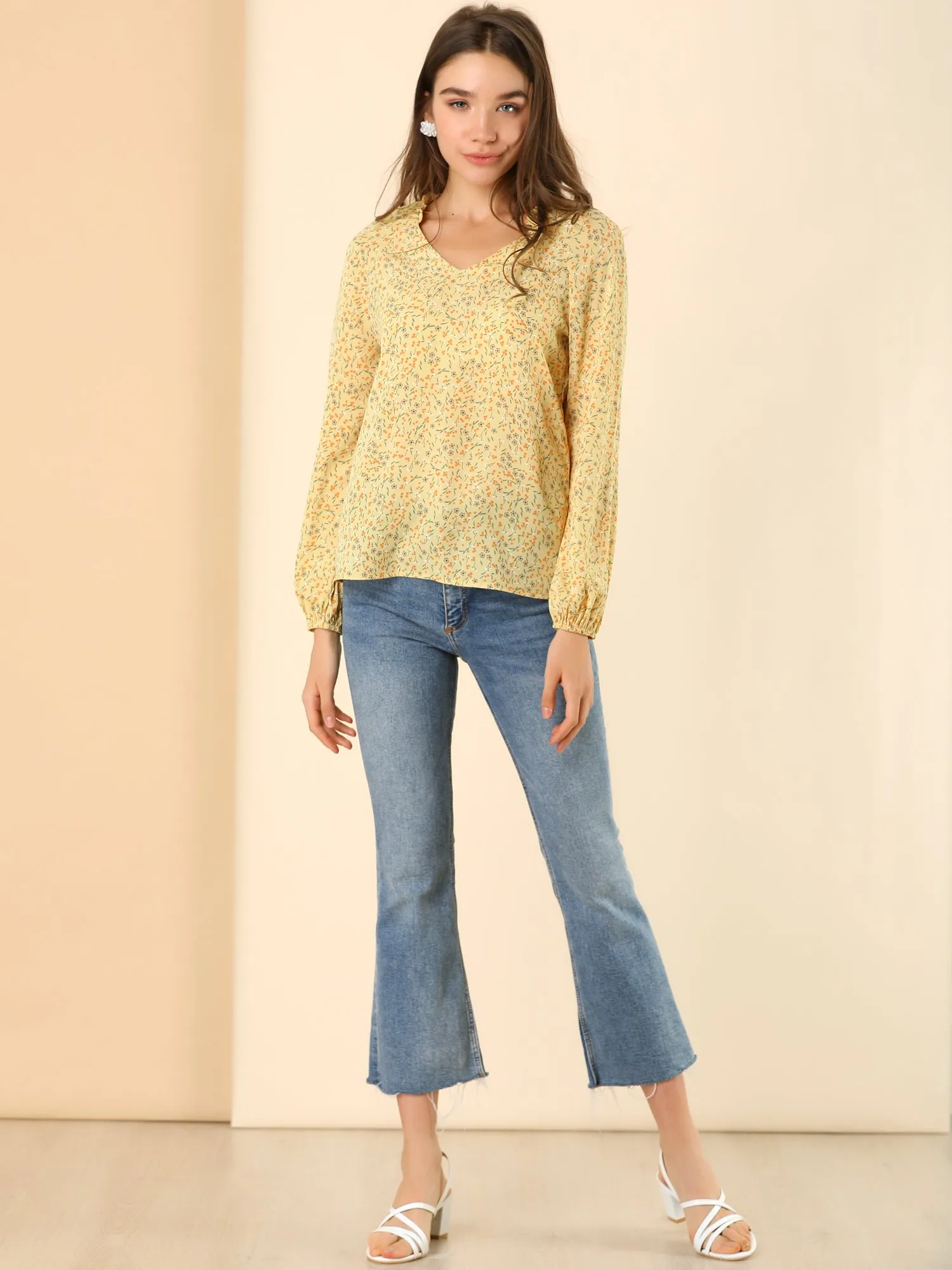 Frill Ruffle Neck Long Sleeve Ditsy Floral Blouse Top sold by Allegra K product image thumbnail 3