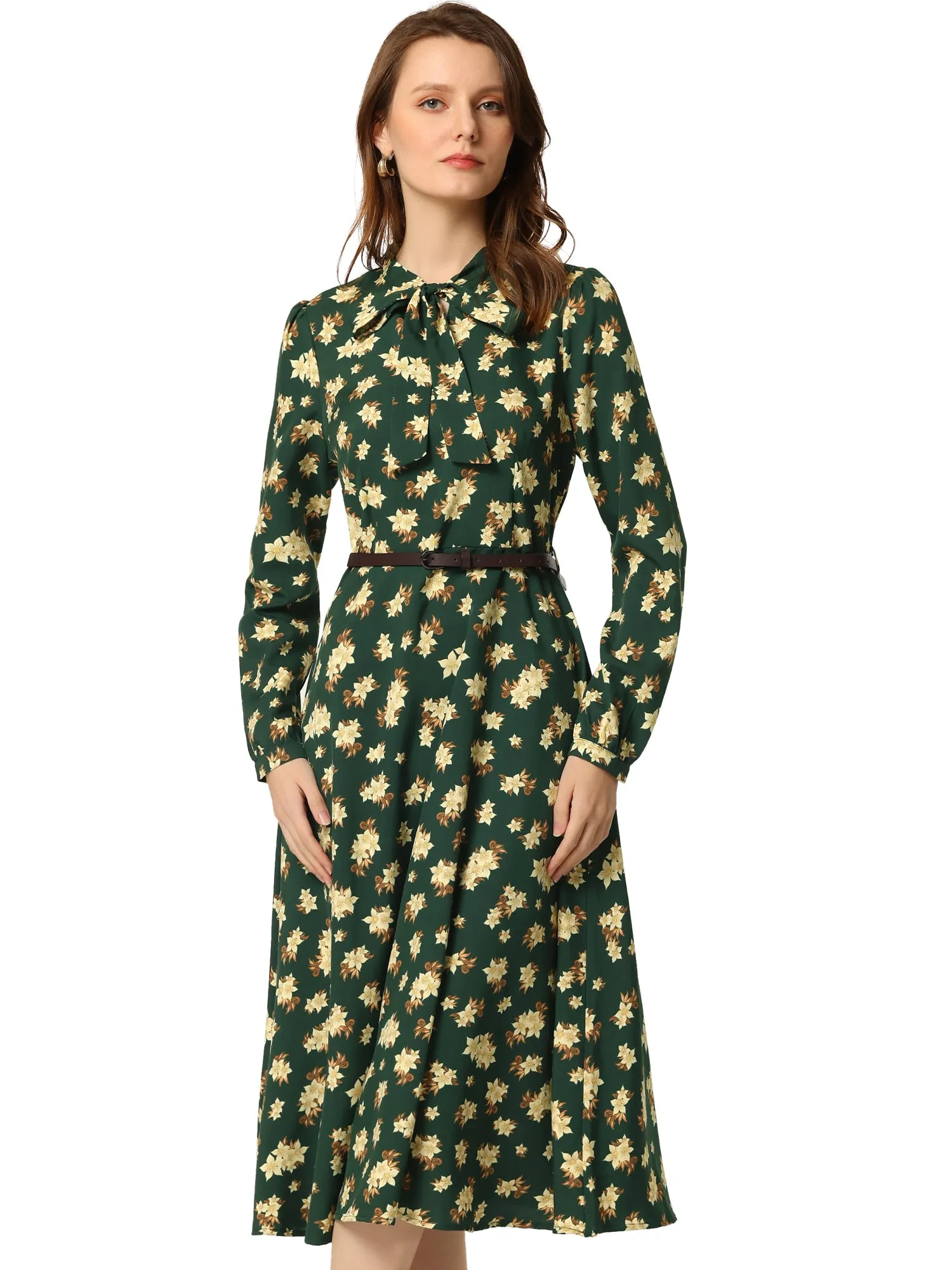 Floral Printed Belt Bow Tie Neck Long Sleeve Midi Dress sold by Allegra K product image thumbnail 2