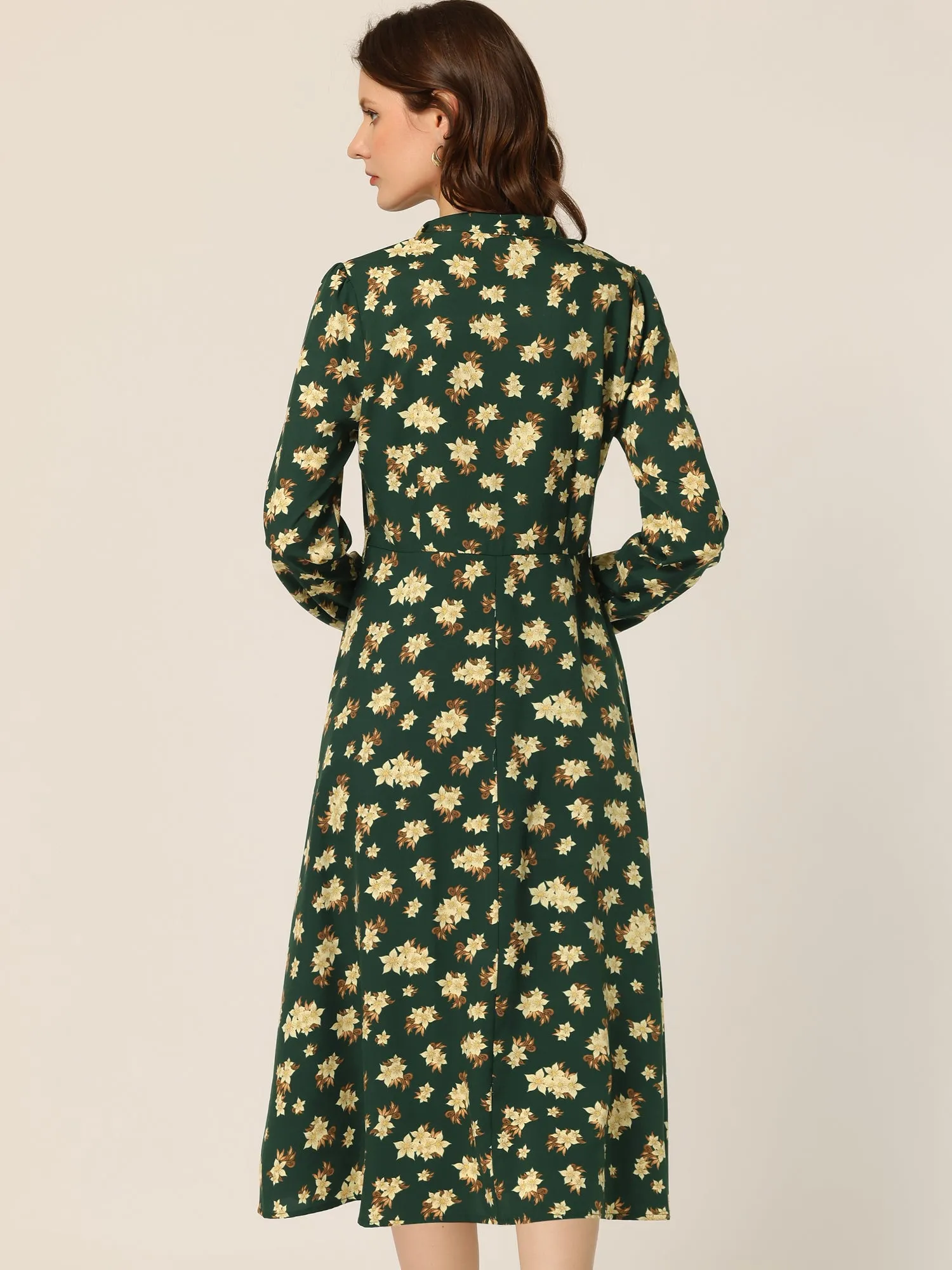 Floral Printed Belt Bow Tie Neck Long Sleeve Midi Dress sold by Allegra K product image thumbnail 3