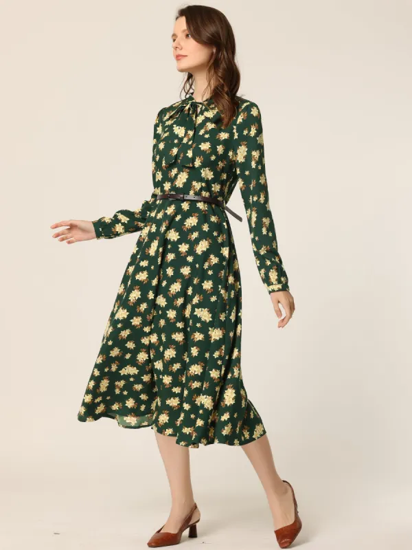 Floral Printed Belt Bow Tie Neck Long Sleeve Midi Dress made by Allegra K