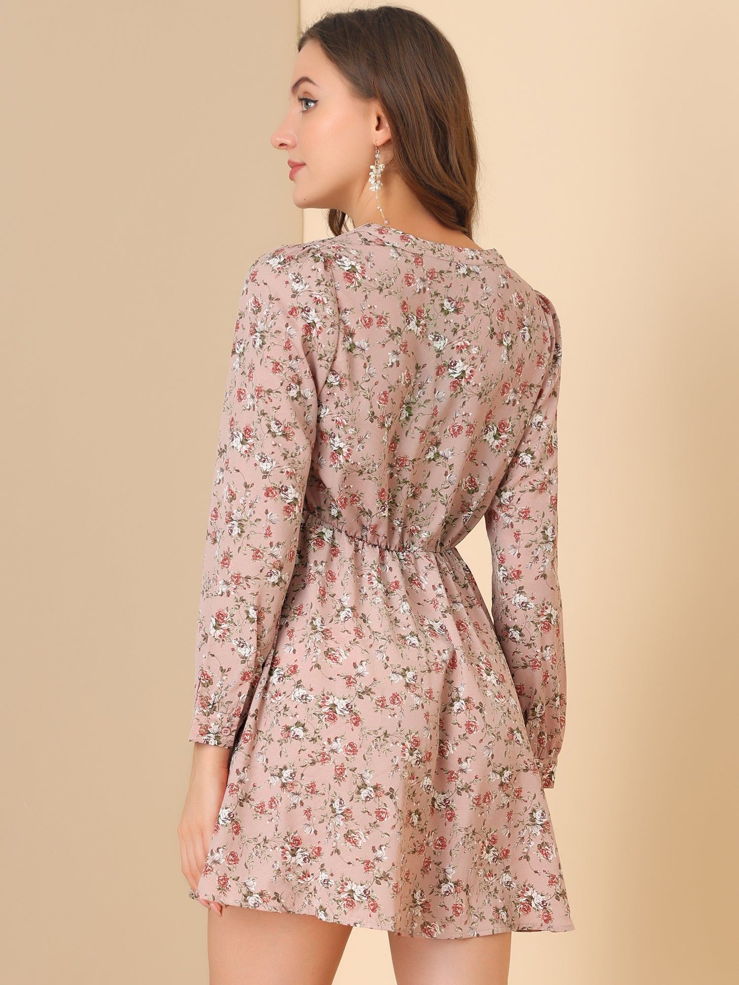 Elegant Long Sleeve Half Placket V Neck Flowy Floral Mini Dress sold by Allegra K product image thumbnail 4