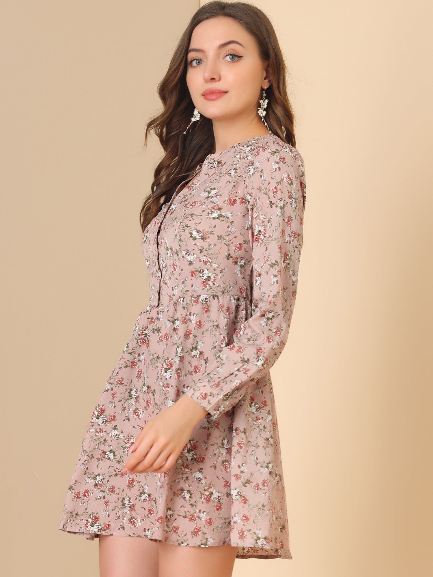 Elegant Long Sleeve Half Placket V Neck Flowy Floral Mini Dress sold by Allegra K product image thumbnail 3