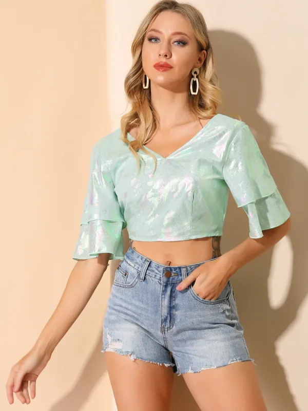 Sequin Layered Ruffle Sleeve Metallic Shiny Tie Back V Neck Blouse made by Allegra K