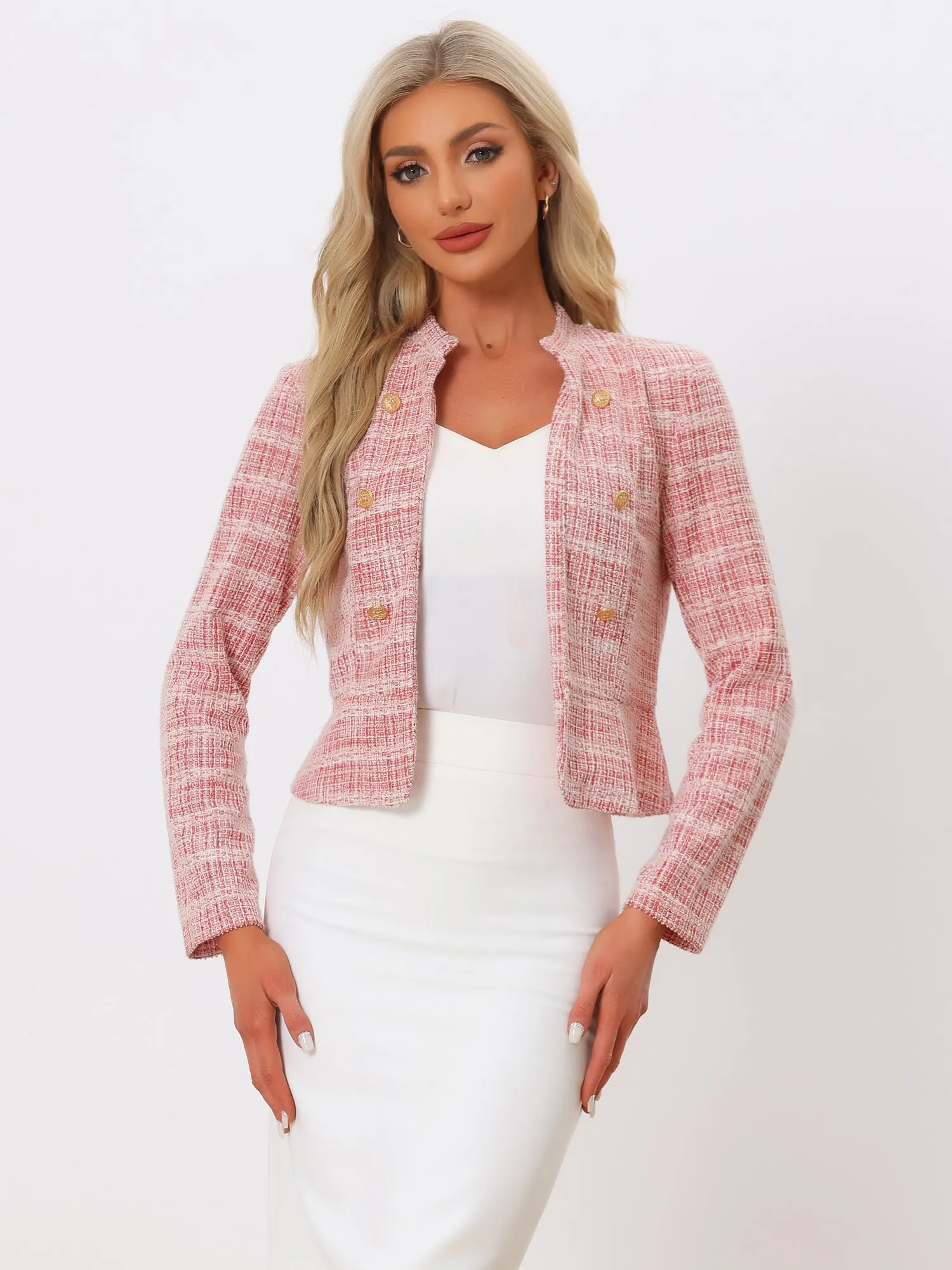 Vintage Tweed Plaid Slim Fit Work Office Cropped Jacket sold by Allegra K product image thumbnail 3