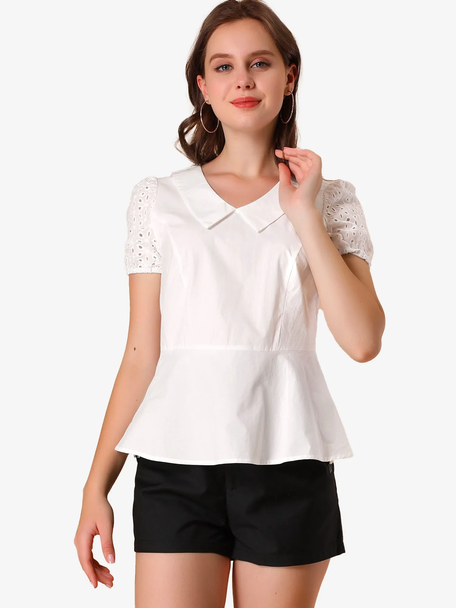 Office Blouse Lace Sleeve Peter Pan Collar Peplum Tops sold by Allegra K