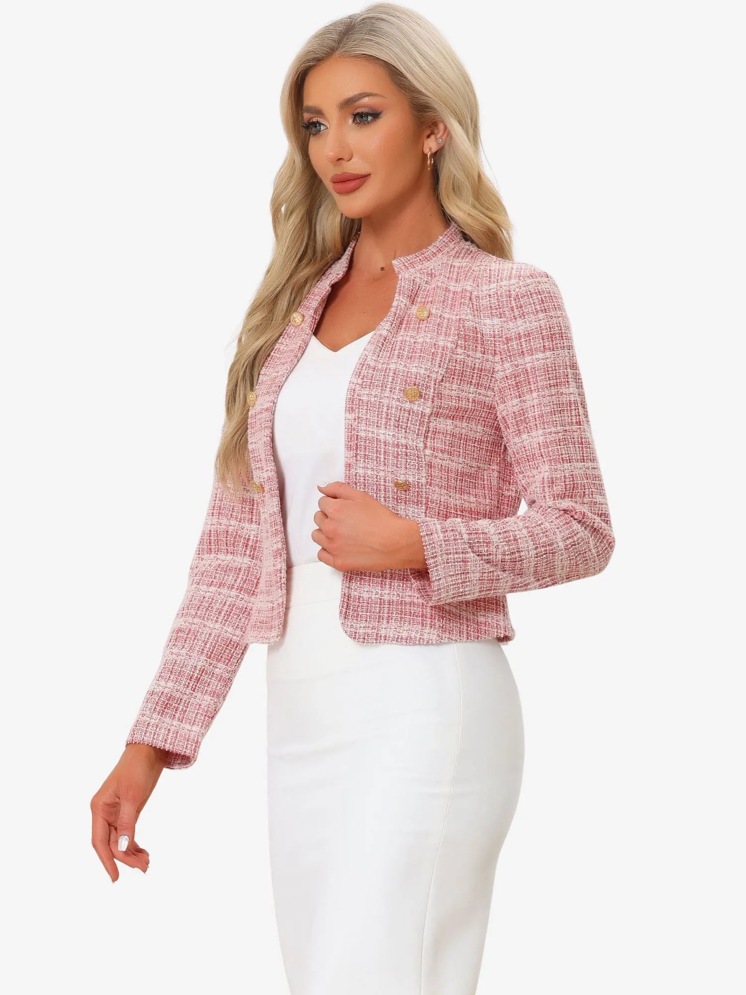 Vintage Tweed Plaid Slim Fit Work Office Cropped Jacket sold by Allegra K