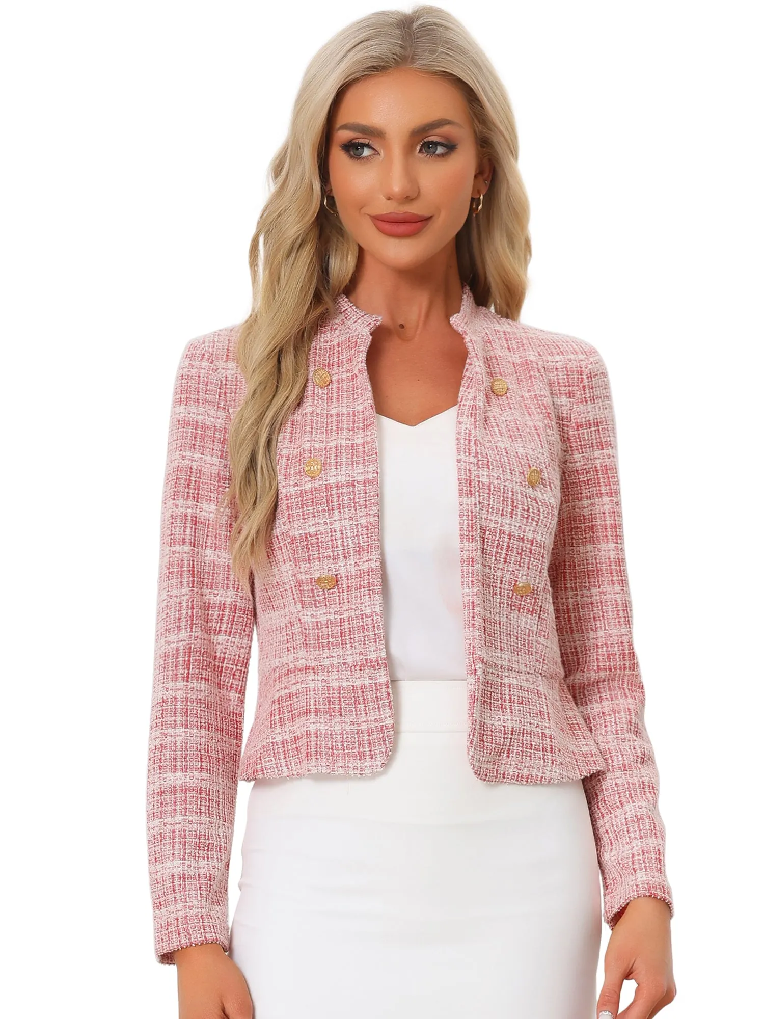 Vintage Tweed Plaid Slim Fit Work Office Cropped Jacket sold by Allegra K product image thumbnail 5