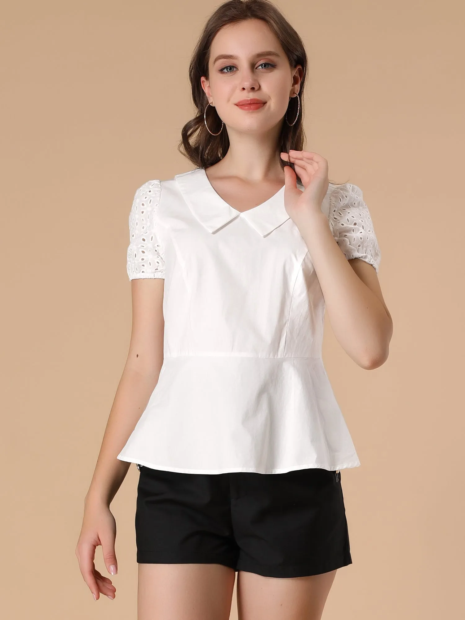 Office Blouse Lace Sleeve Peter Pan Collar Peplum Tops sold by Allegra K product image thumbnail 3