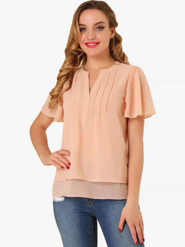 Chiffon Top Butterfly Sleeve Loose Casual Pintuck Blouse sold by Allegra K