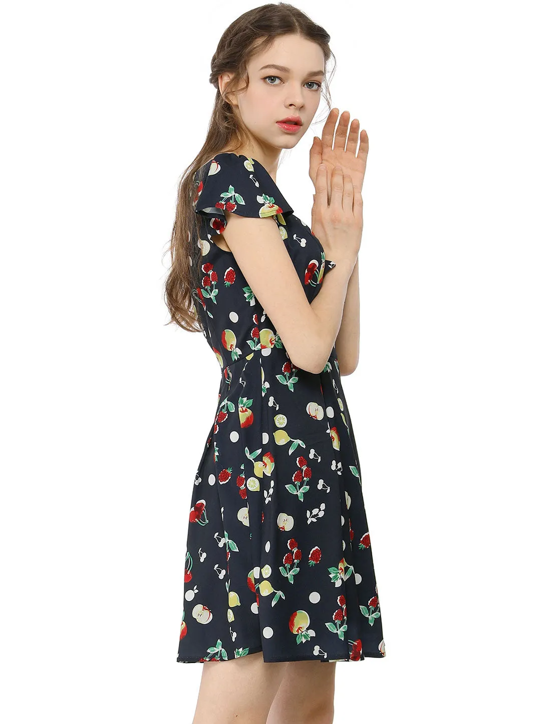 Retro Sweetheart Neck Cap Sleeves A-Line Cherry Fruit Floral Dress sold by Allegra K product image thumbnail 4