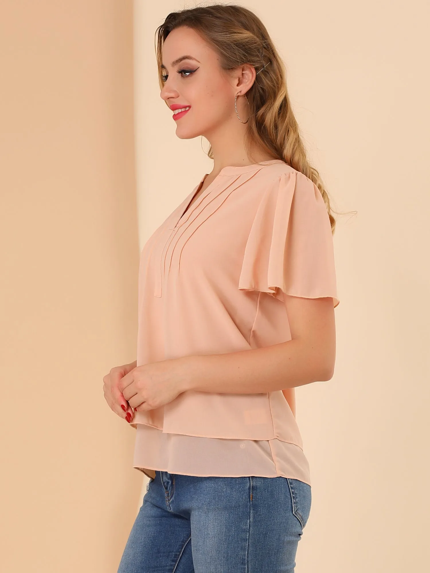 Chiffon Top Butterfly Sleeve Loose Casual Pintuck Blouse sold by Allegra K product image thumbnail 4