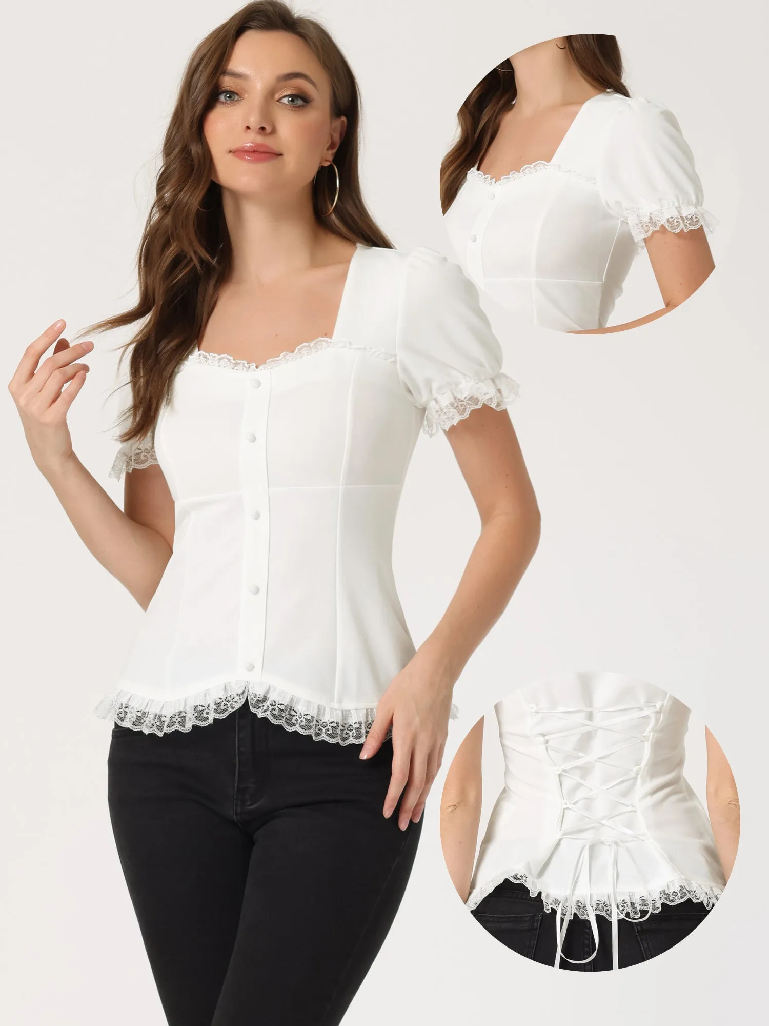 Sweetheart Neck Puff Short Sleeve Lace Up Gothic Blouse sold by Allegra K product image thumbnail 2