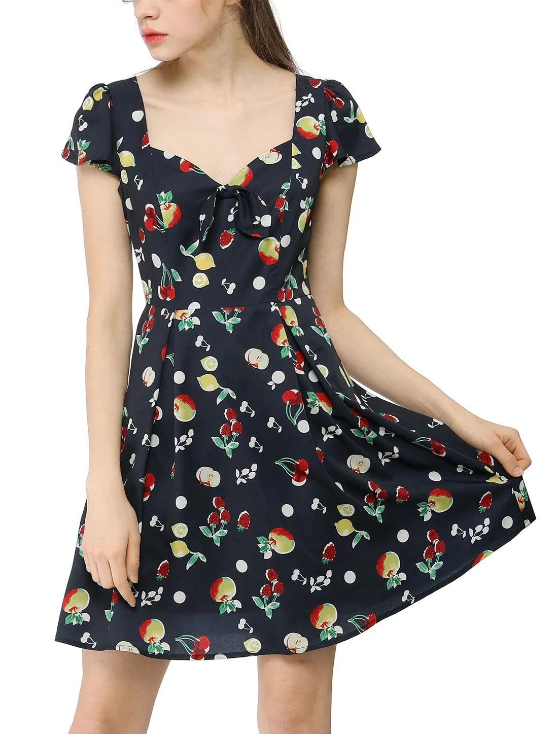 Retro Sweetheart Neck Cap Sleeves A-Line Cherry Fruit Floral Dress sold by Allegra K product image thumbnail 2