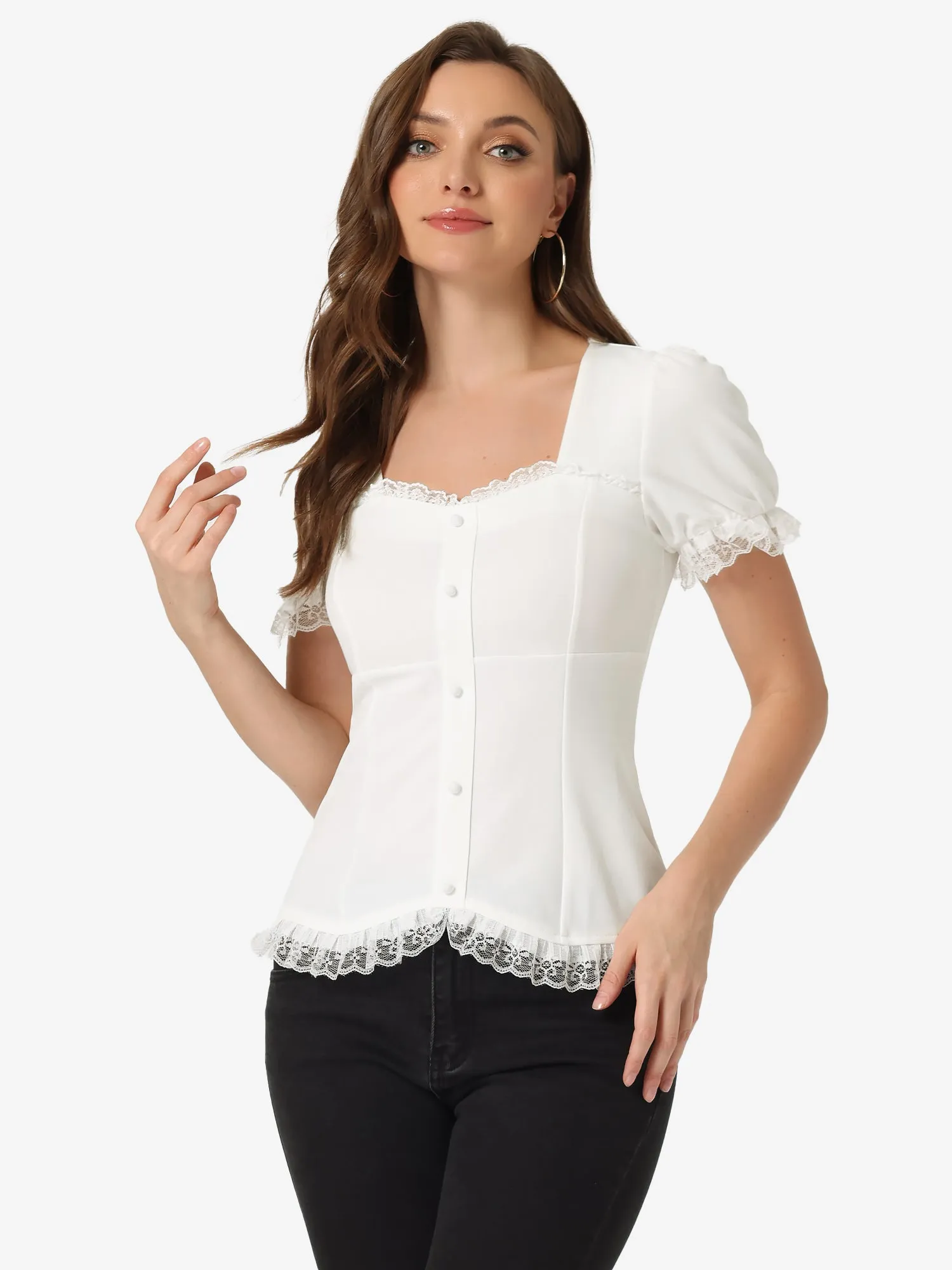 Sweetheart Neck Puff Short Sleeve Lace Up Gothic Blouse sold by Allegra K