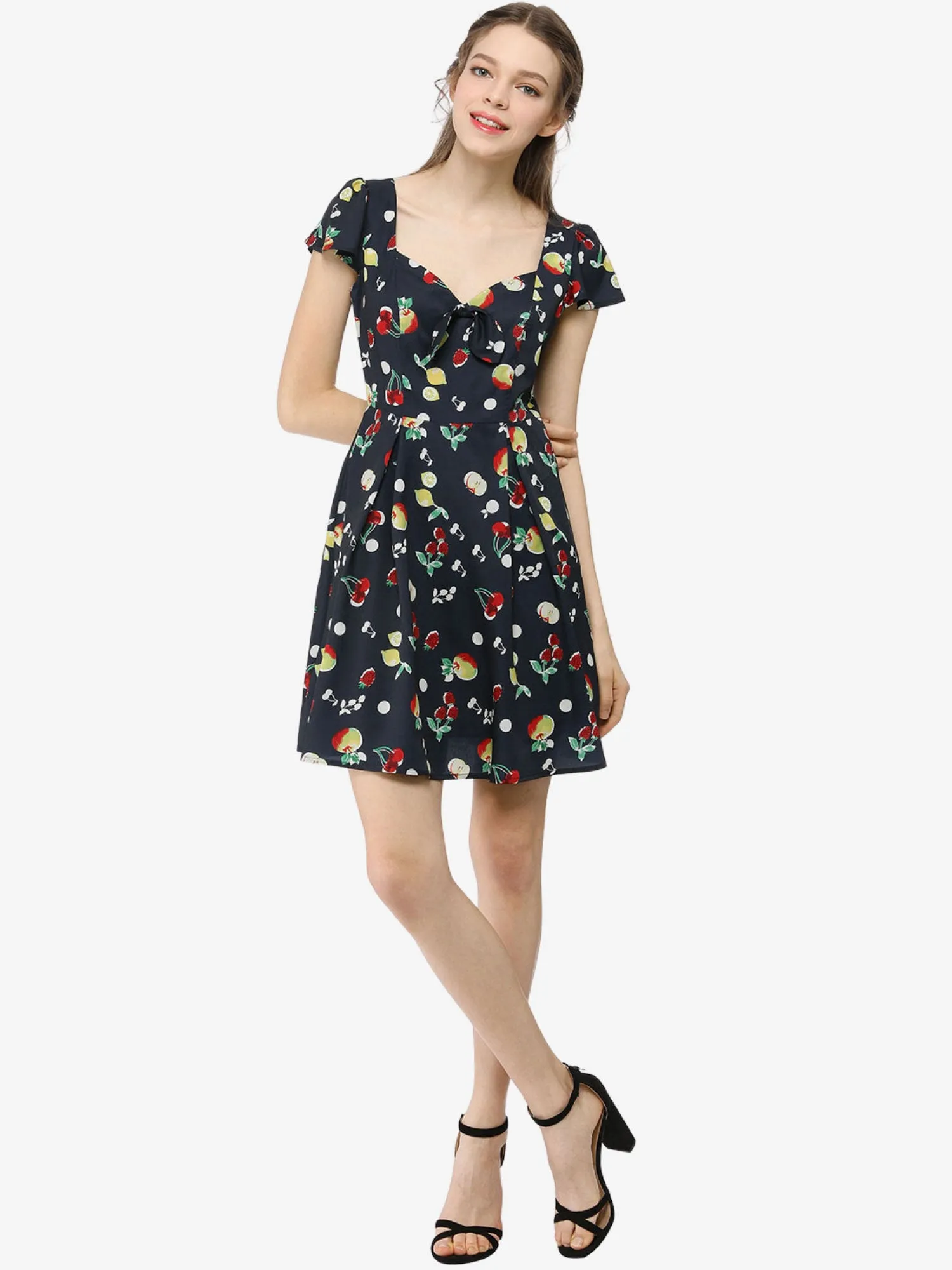 Retro Sweetheart Neck Cap Sleeves A-Line Cherry Fruit Floral Dress sold by Allegra K