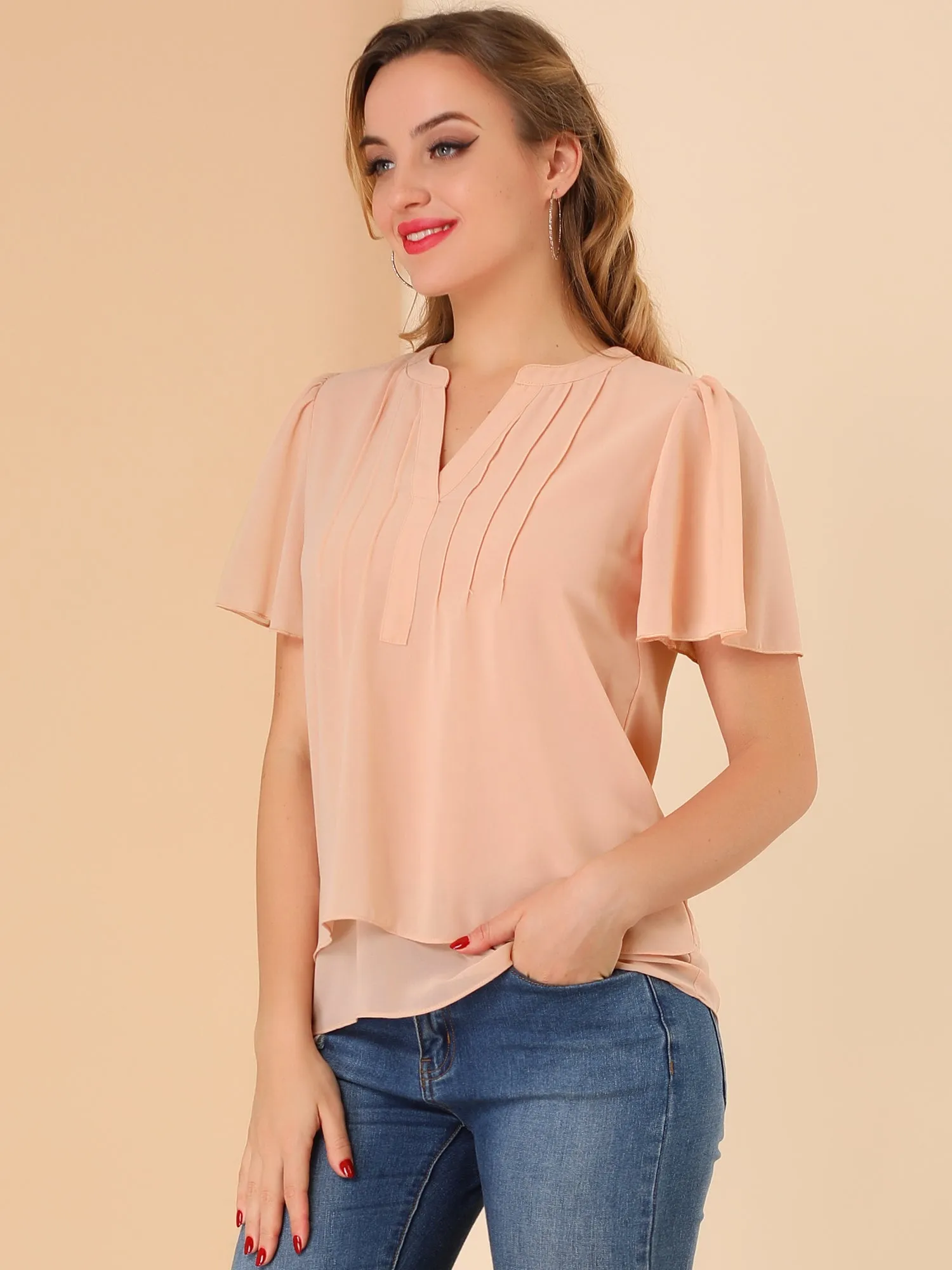 Chiffon Top Butterfly Sleeve Loose Casual Pintuck Blouse sold by Allegra K product image thumbnail 3