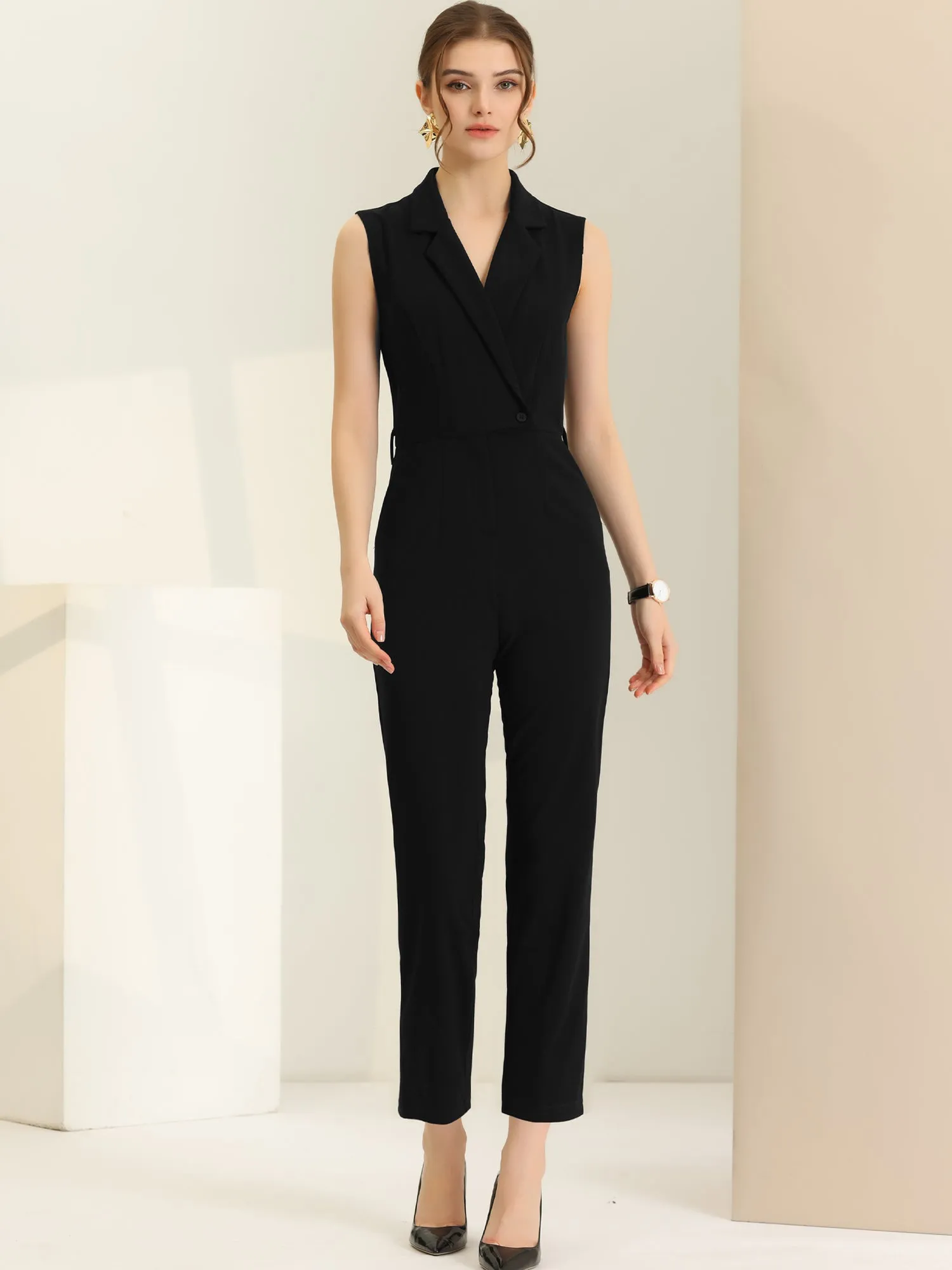 Sleeveless Button Front Closure Long Leg Pocket Belted Jumpsuits sold by Allegra K product image thumbnail 3